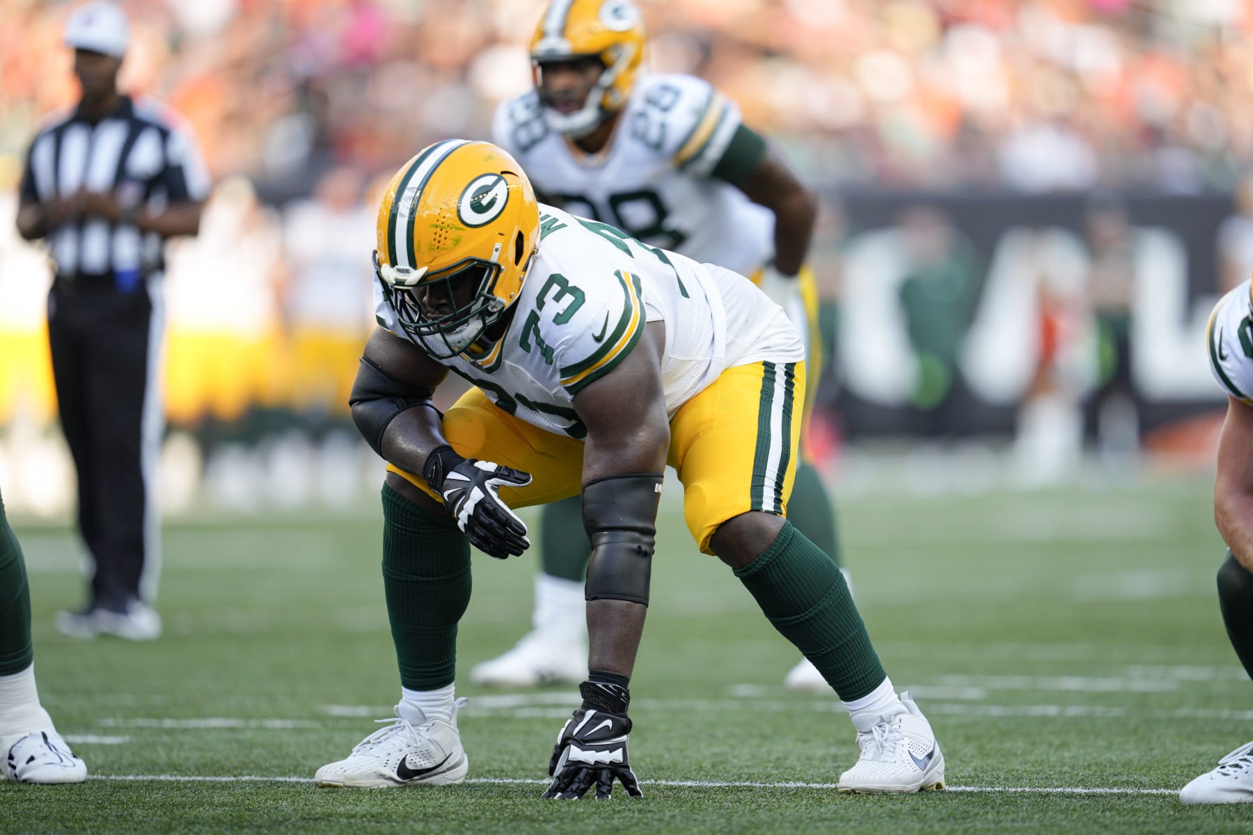 Green Bay Packers offensive tackle Yosh Nijman (73) plays during a preseason NFL football game against the Cincinnati Bengals Friday, Aug. 11, 2023, in Cincinnati. (AP Photo/Jeff Dean)