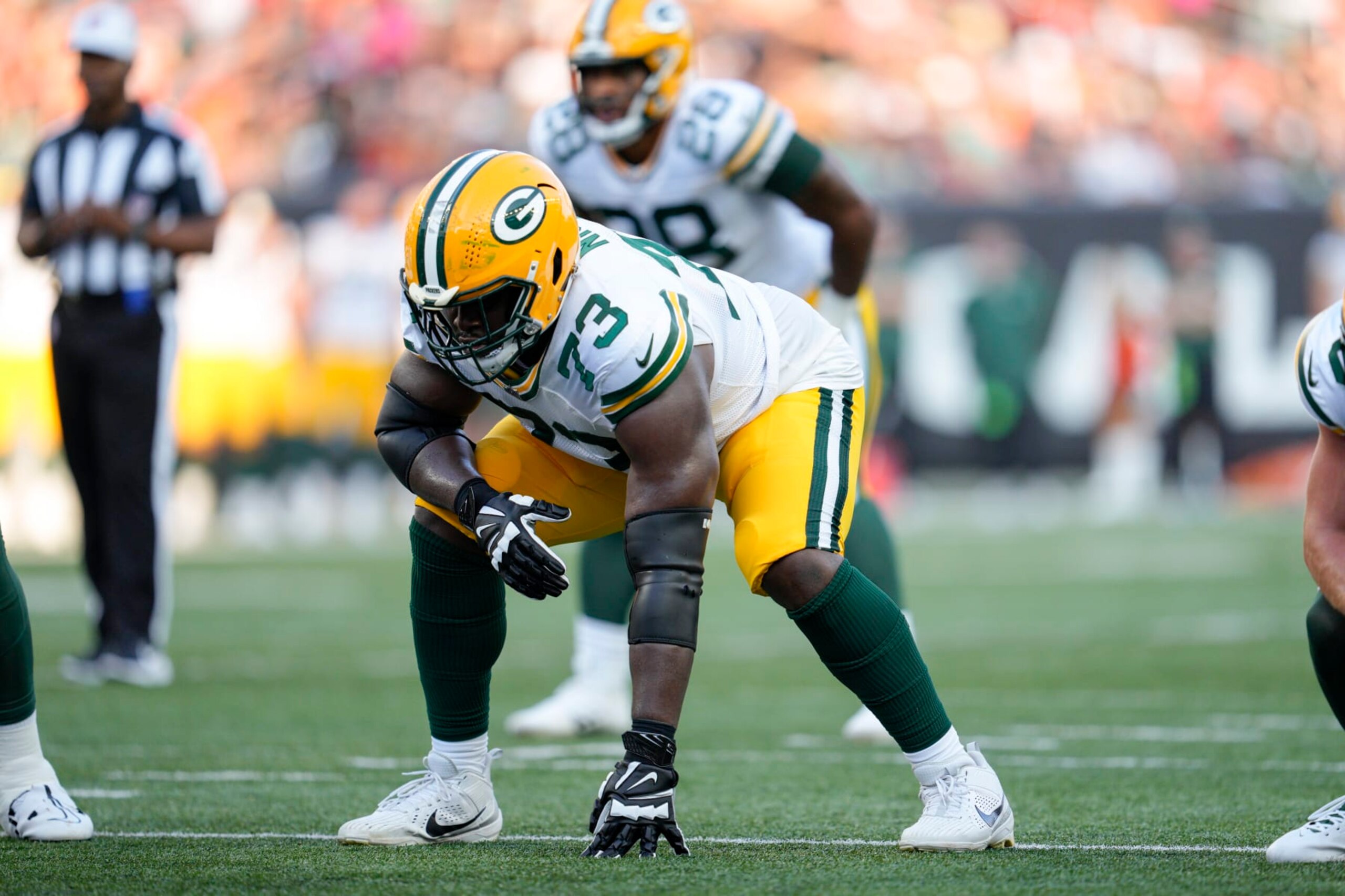 Green Bay Packers offensive tackle Yosh Nijman (73) plays during a preseason NFL football game against the Cincinnati Bengals Friday, Aug. 11, 2023, in Cincinnati. (AP Photo/Jeff Dean)