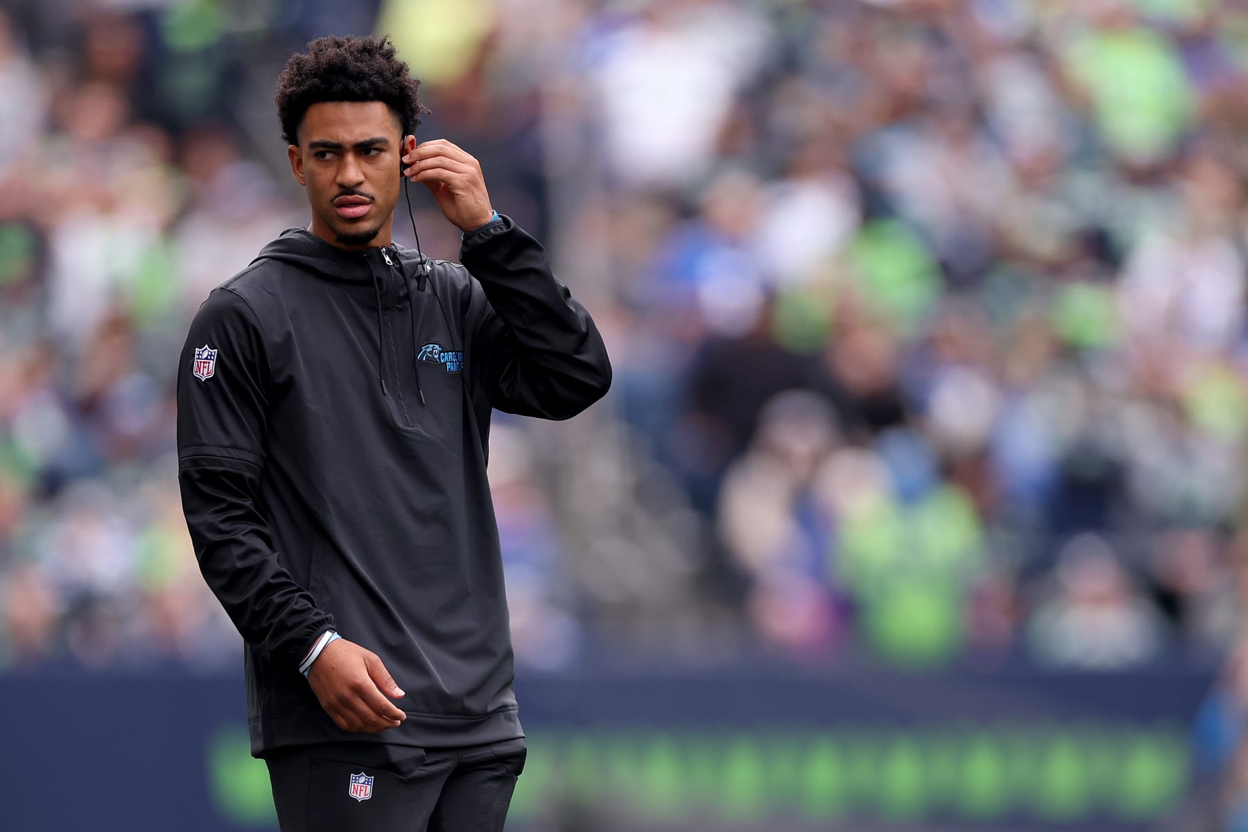 SEATTLE, WASHINGTON - SEPTEMBER 24: Bryce Young #9 of the Carolina Panthers reacts against the Seattle Seahawks at Lumen Field on September 24, 2023 in Seattle, Washington. (Photo by Steph Chambers/Getty Images)