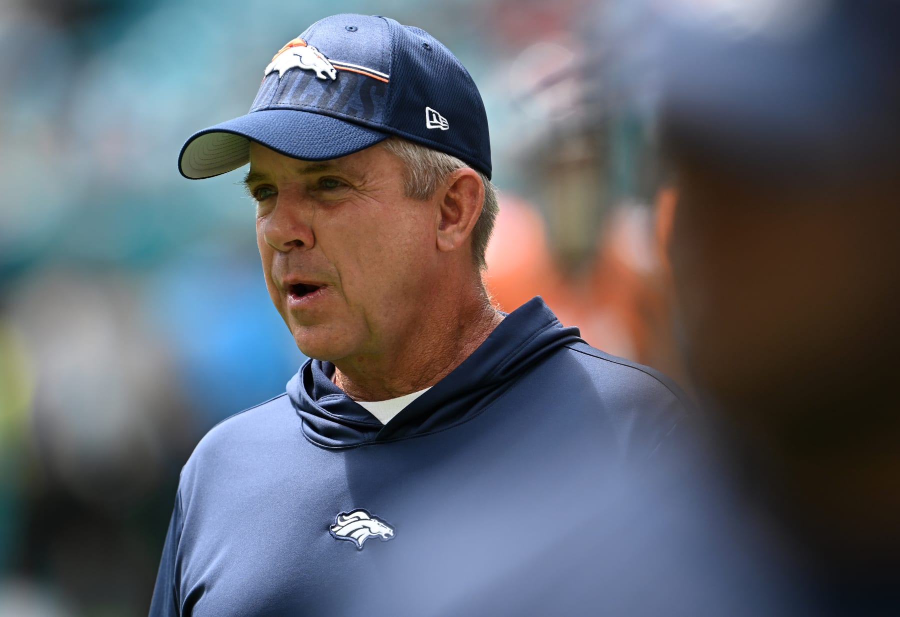 MIAMI GARDENS, FLORIDA - SEPTEMBER 24: Denver Broncos Head coach Sean Payton takes the field during warmups at Hard Rock Stadium on September 24, 2023 in Miami Gardens, Florida. The 2-0 Miami Dolphins take on the 0-2 Denver Broncos during week 3 of the NFL season. (Photo by RJ Sangosti/MediaNews Group/The Denver Post via Getty Images)