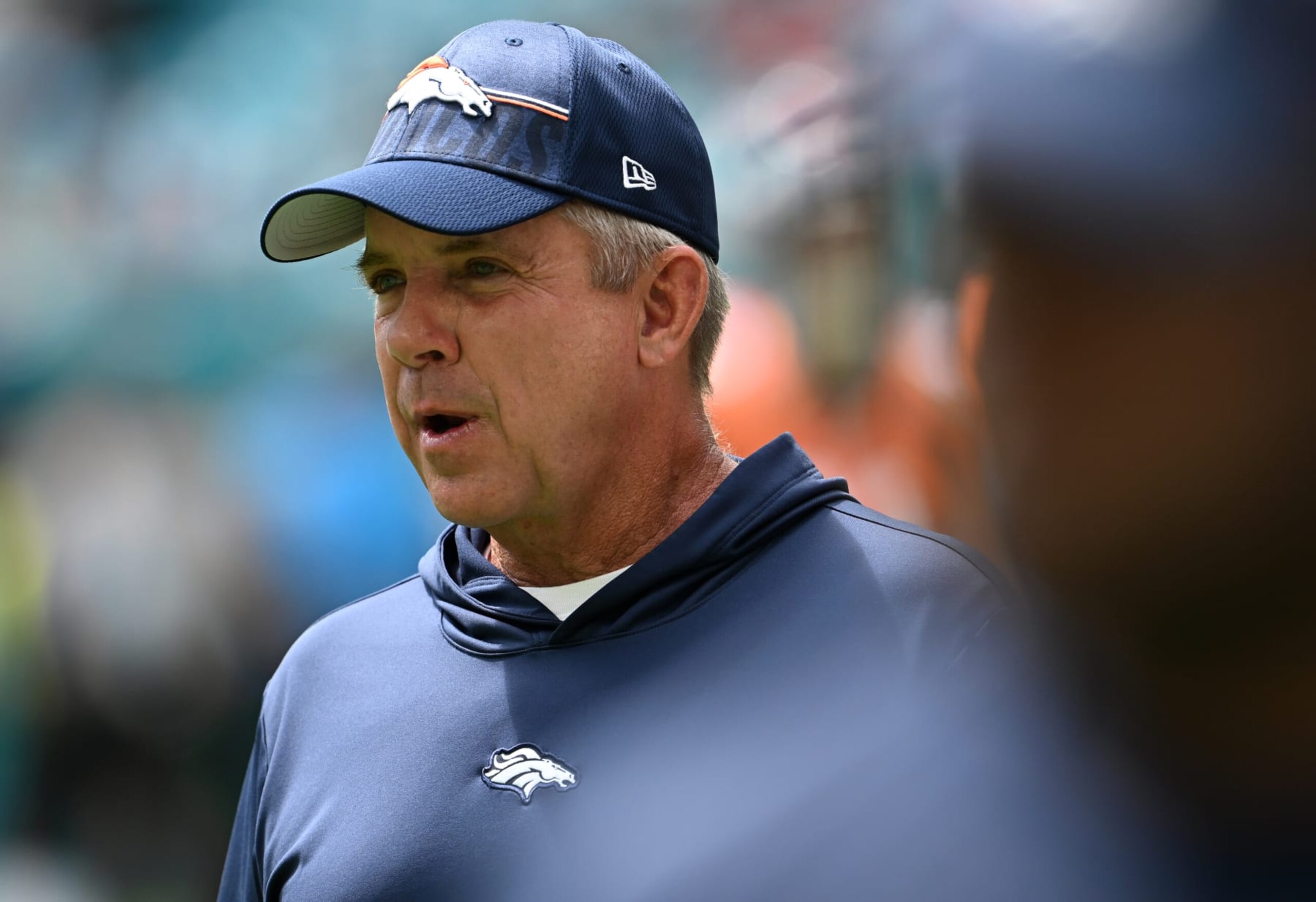 MIAMI GARDENS, FLORIDA - SEPTEMBER 24: Denver Broncos Head coach Sean Payton takes the field during warmups at Hard Rock Stadium on September 24, 2023 in Miami Gardens, Florida. The 2-0 Miami Dolphins take on the 0-2 Denver Broncos during week 3 of the NFL season. (Photo by RJ Sangosti/MediaNews Group/The Denver Post via Getty Images)