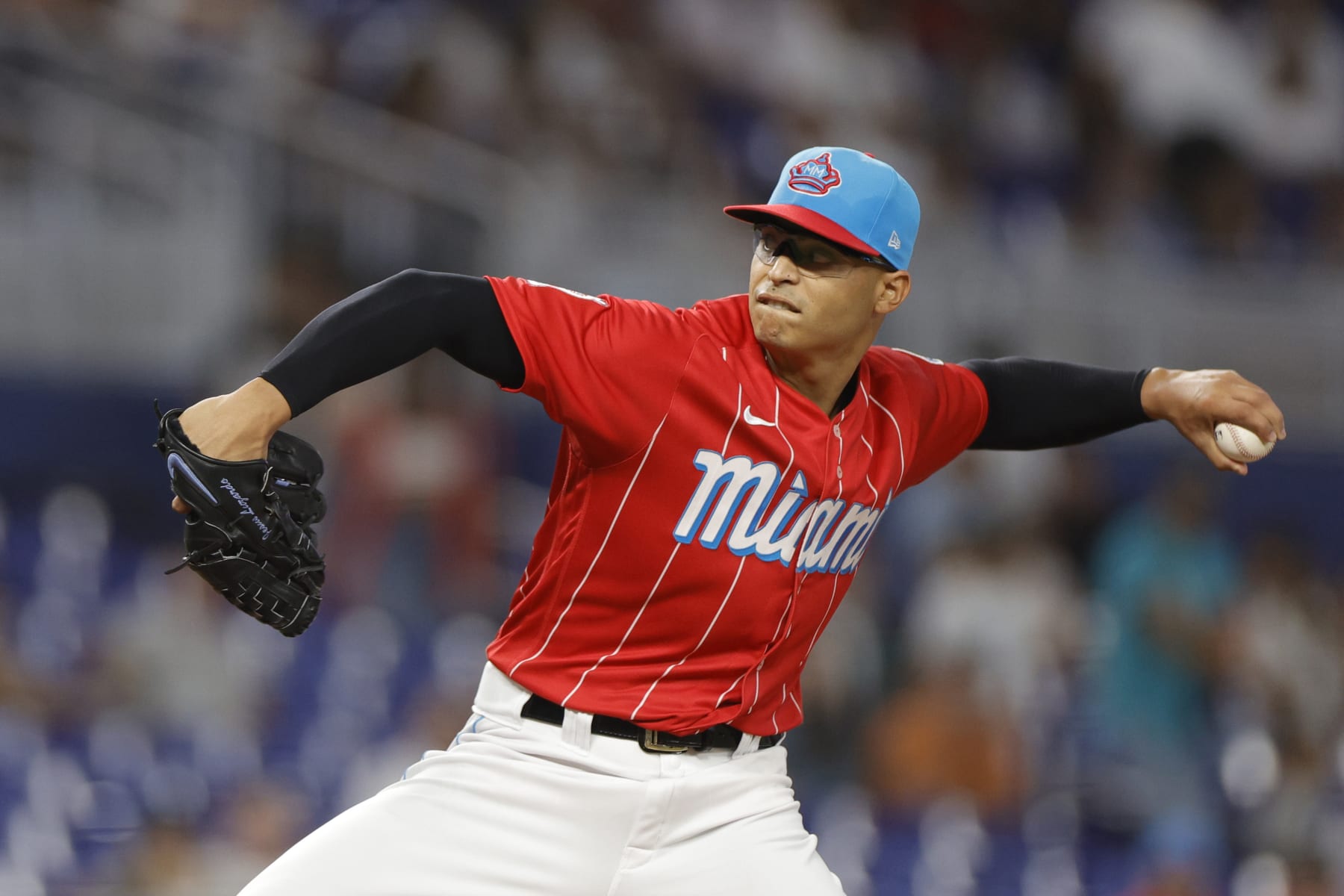 MIAMI, FLORIDA - SEPTEMBER 23: Jesus Luzardo #44 of the Miami Marlins delivers during the first inning against the Milwaukee Brewers at loanDepot park on September 23, 2023 in Miami, Florida. (Photo by Carmen Mandato/Getty Images)