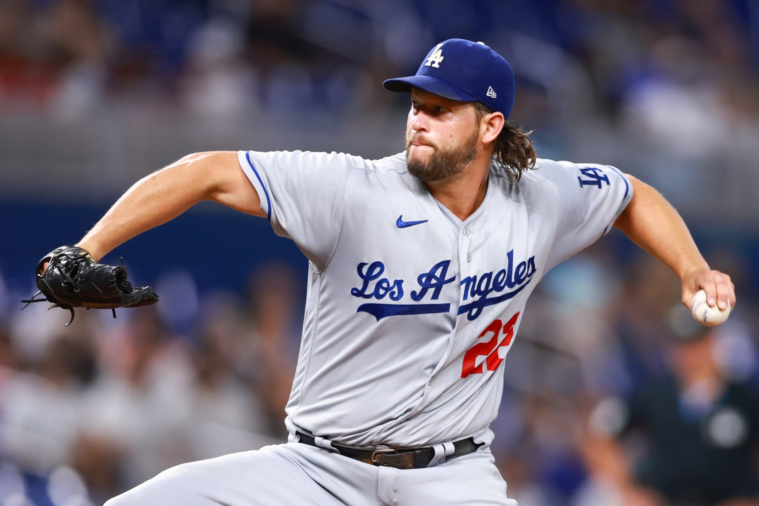 MIAMI, FLORIDA - SEPTEMBER 05: Clayton Kershaw #22 of the Los Angeles Dodgers pitches against the Miami Marlins during the second inning at loanDepot park on September 05, 2023 in Miami, Florida. (Photo by Megan Briggs/Getty Images) MIAMI, FLORIDA - SEPTEMBER 05: Clayton Kershaw #22 of the Los Angeles Dodgers pitches against the Miami Marlins during the second inning at loanDepot park on September 05, 2023 in Miami, Florida. (Photo by Megan Briggs/Getty Images)