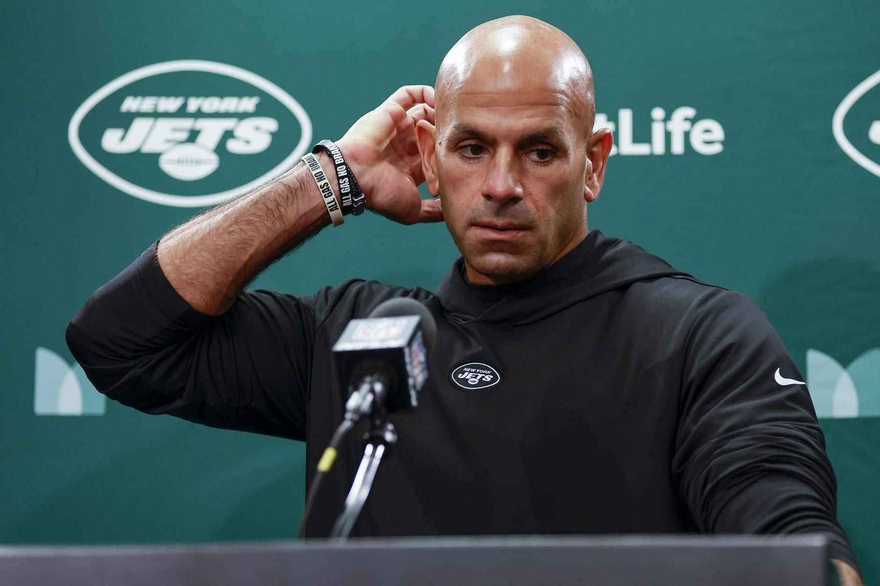New York Jets head coach Robert Saleh answers questions during a news conference after an NFL football game against the New England Patriots, Sunday, Sept. 24, 2023, in East Rutherford, N.J. (AP Photo/Adam Hunger)