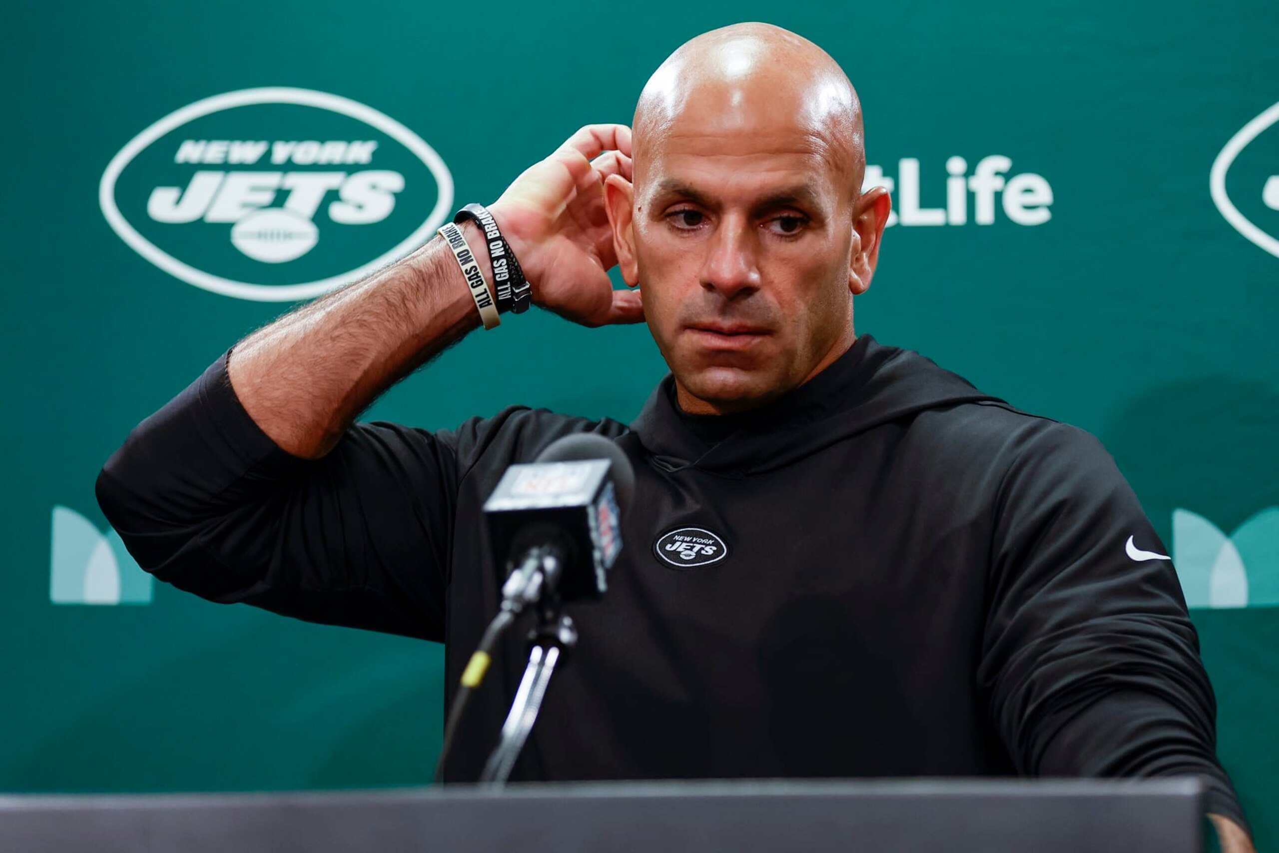New York Jets head coach Robert Saleh answers questions during a news conference after an NFL football game against the New England Patriots, Sunday, Sept. 24, 2023, in East Rutherford, N.J. (AP Photo/Adam Hunger)