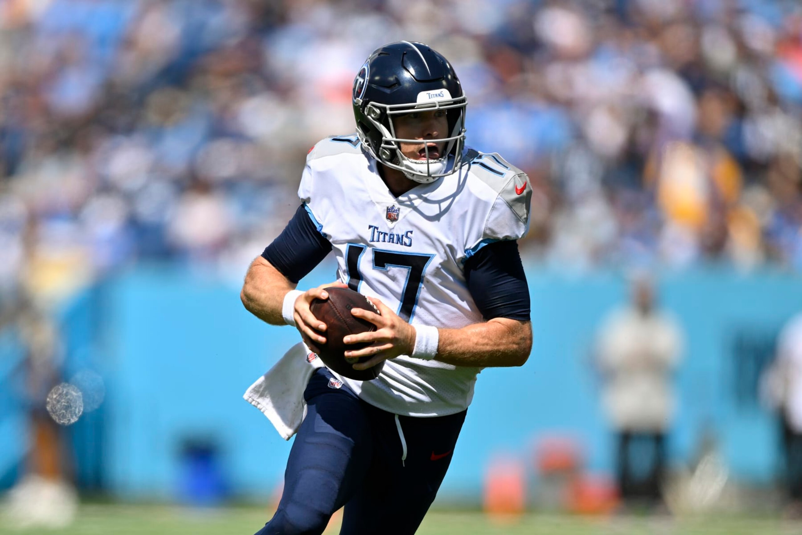 NASHVILLE, TENNESSEE - SEPTEMBER 17: Ryan Tannehill #17 of the Tennessee Titans in action during an NFL football game against the Los Angeles Chargers at Nissan Stadium on September 17, 2023 in Nashville, Tennessee. The Tennessee Titans won 27-24 in overtime. (Photo by Alika Jenner/Getty Images)