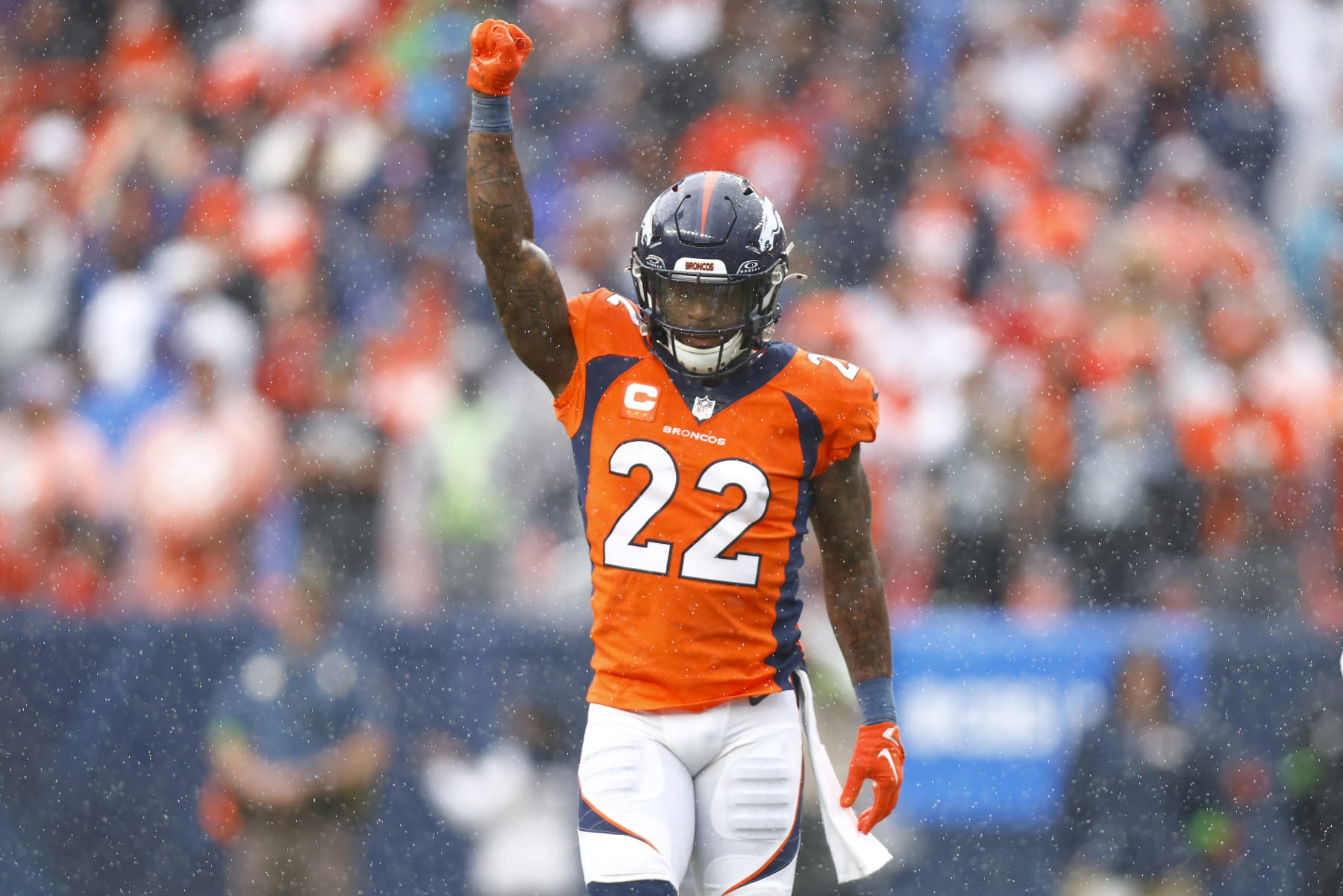 DENVER, COLORADO - SEPTEMBER 10: Kareem Jackson #22 of the Denver Broncos signals for fourth down during the fourth quarter against the Las Vegas Raiders at Empower Field At Mile High on September 10, 2023 in Denver, Colorado. (Photo by Justin Edmonds/Getty Images)