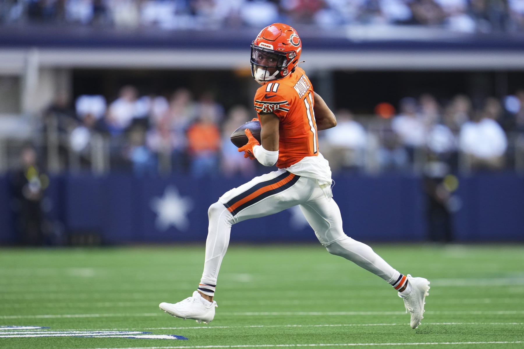 ARLINGTON, TX - OCTOBER 30: Darnell Mooney #11 of the Chicago Bears runs the ball against the Dallas Cowboys at AT&T Stadium on October 30, 2022 in Arlington, Texas. (Photo by Cooper Neill/Getty Images)