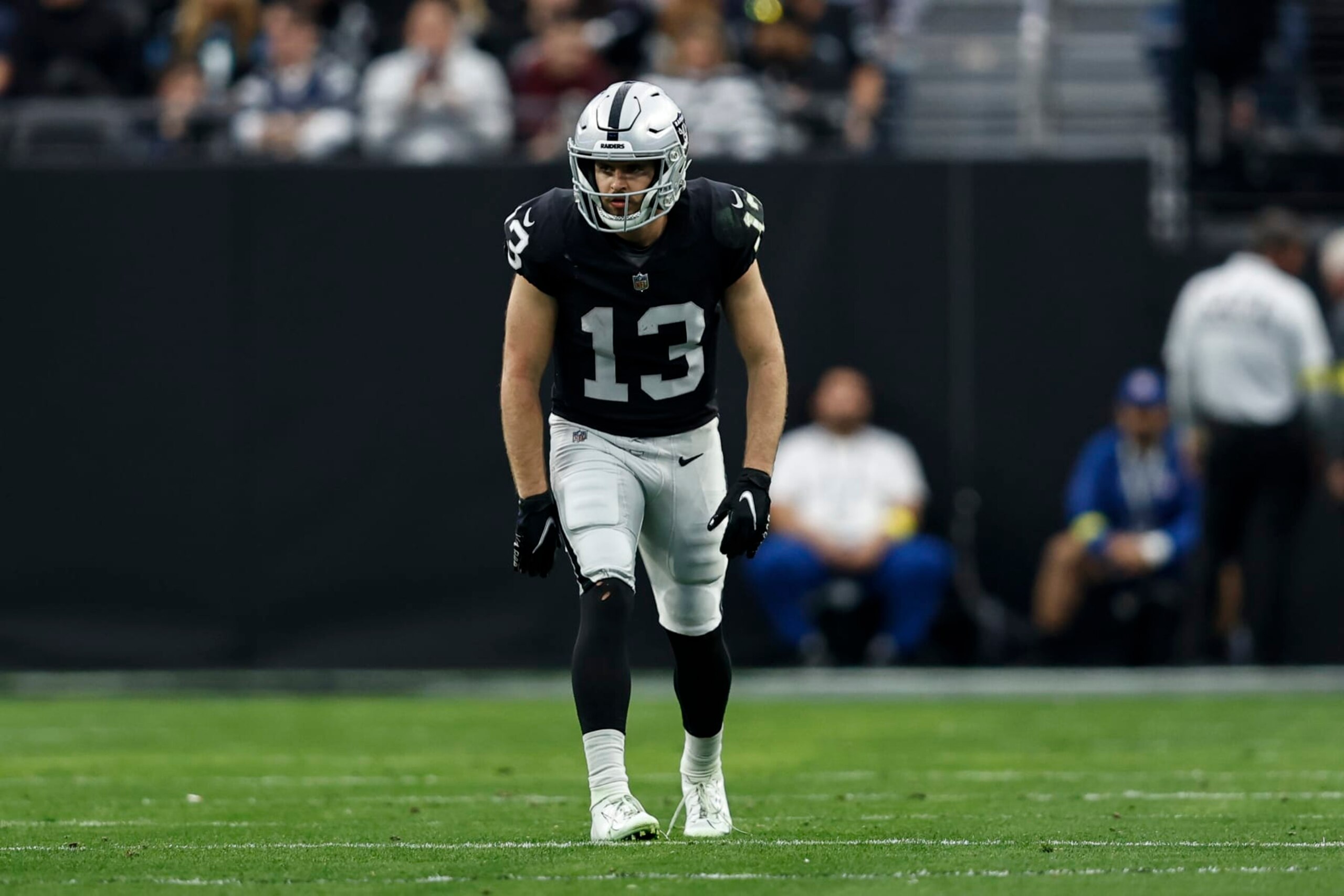 LAS VEGAS, NEVADA - DECEMBER 18: Hunter Renfrow #13 of the Las Vegas Raiders lines up during an NFL football game between the Las Vegas Raiders and the New England Patriots at Allegiant Stadium on December 18, 2022 in Las Vegas, Nevada. (Photo by Michael Owens/Getty Images)