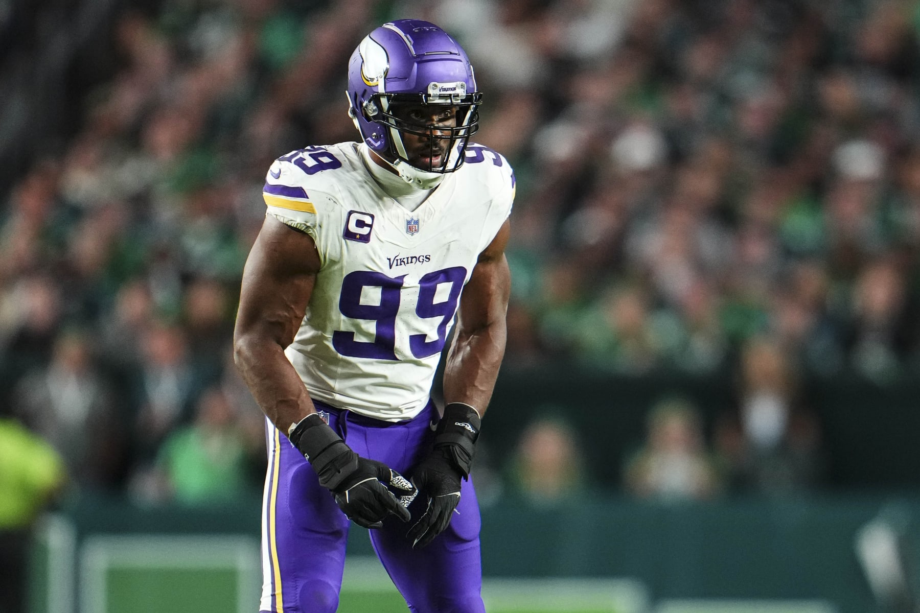 PHILADELPHIA, PA - SEPTEMBER 14: Danielle Hunter #99 of the Minnesota Vikings defends in coverage during at Lincoln Financial Field on September 14, 2023 in Philadelphia, Pennsylvania. (Photo by Cooper Neill/Getty Images)