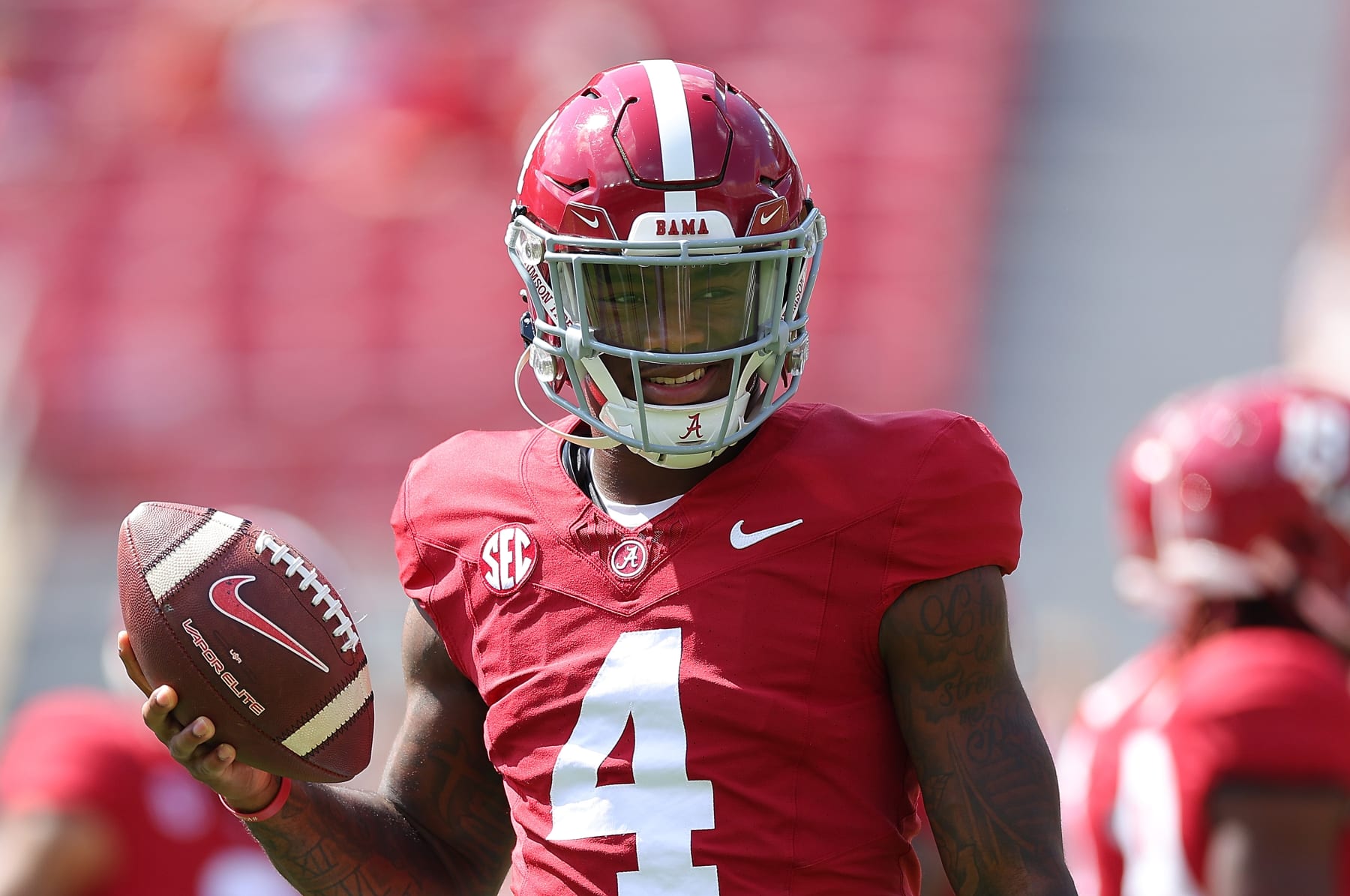 TUSCALOOSA, ALABAMA - SEPTEMBER 23:  Jalen Milroe #4 of the Alabama Crimson Tide warms up prior to facing the Mississippi Rebels at Bryant-Denny Stadium on September 23, 2023 in Tuscaloosa, Alabama. (Photo by Kevin C. Cox/Getty Images)