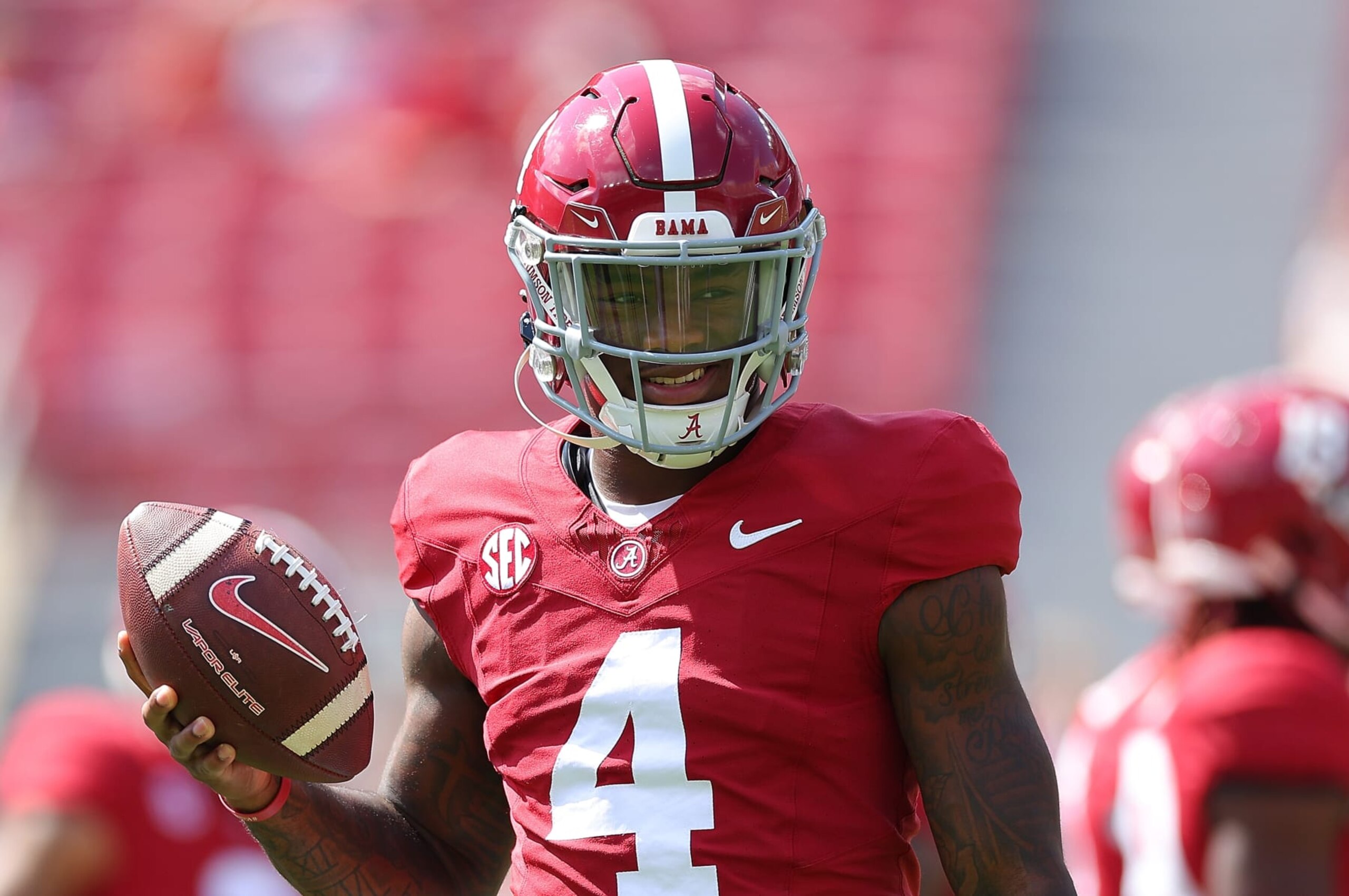 TUSCALOOSA, ALABAMA - SEPTEMBER 23:  Jalen Milroe #4 of the Alabama Crimson Tide warms up prior to facing the Mississippi Rebels at Bryant-Denny Stadium on September 23, 2023 in Tuscaloosa, Alabama. (Photo by Kevin C. Cox/Getty Images)