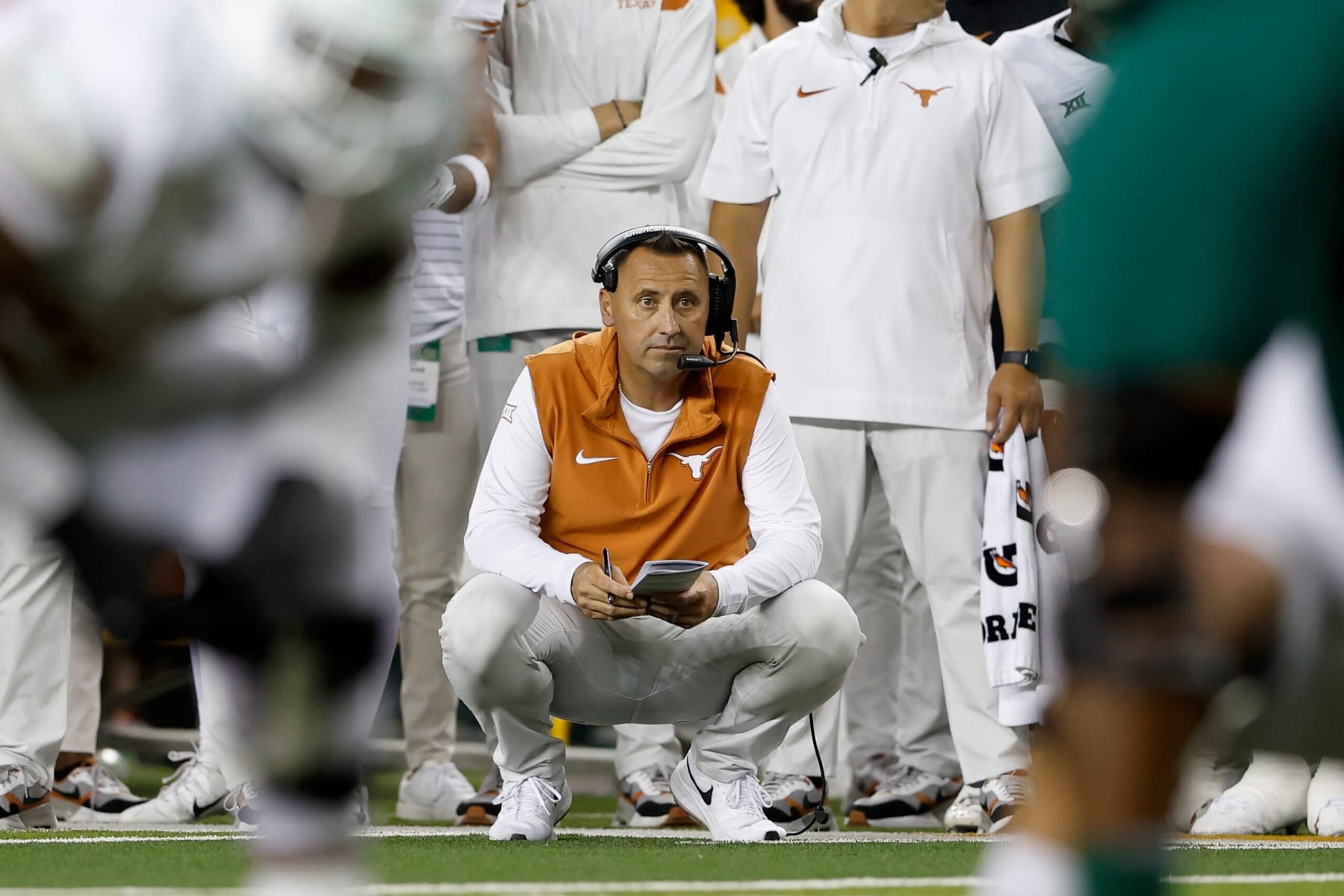 WACO, TEXAS - SEPTEMBER 23: Head coach Steve Sarkisian of the Texas Longhorns watches on the sideline in the first half against the Baylor Bears at McLane Stadium on September 23, 2023 in Waco, Texas. (Photo by Tim Warner/Getty Images)