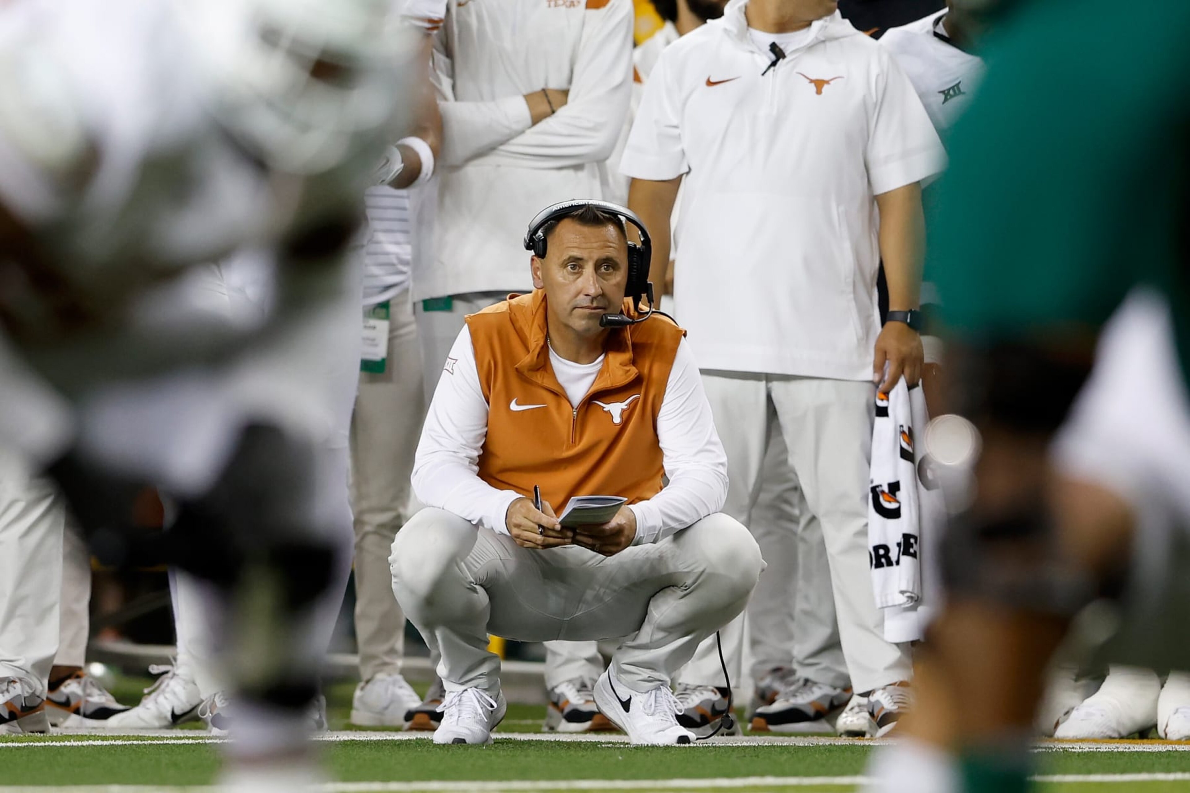 WACO, TEXAS - SEPTEMBER 23: Head coach Steve Sarkisian of the Texas Longhorns watches on the sideline in the first half against the Baylor Bears at McLane Stadium on September 23, 2023 in Waco, Texas. (Photo by Tim Warner/Getty Images)