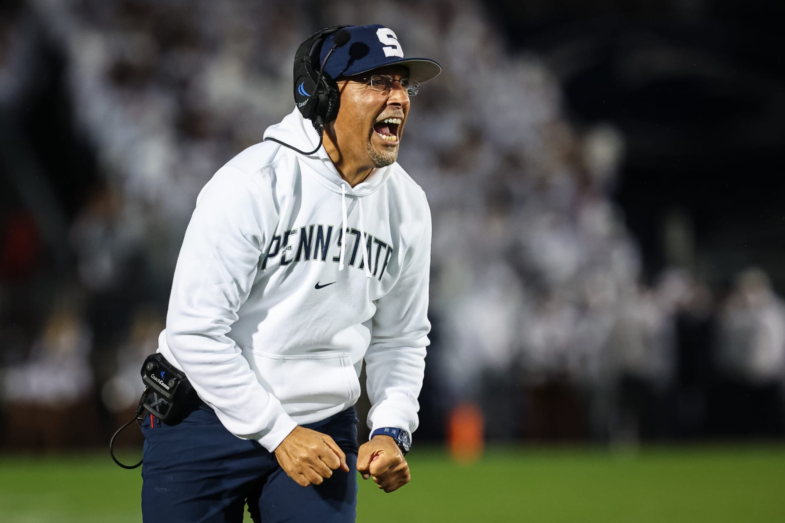 STATE COLLEGE, PA - SEPTEMBER 23: Head coach James Franklin of the Penn State Nittany Lions reacts after a touchdown against the Iowa Hawkeyes during the first half at Beaver Stadium on September 23, 2023 in State College, Pennsylvania. (Photo by Scott Taetsch/Getty Images)
