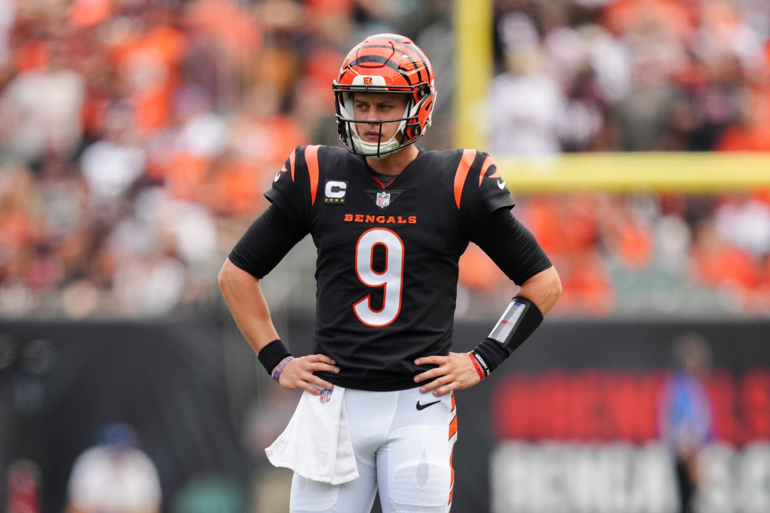 CINCINNATI, OHIO - SEPTEMBER 17: Joe Burrow #9 of the Cincinnati Bengals looks on in the third quarter against the Baltimore Ravens at Paycor Stadium on September 17, 2023 in Cincinnati, Ohio. (Photo by Dylan Buell/Getty Images)
