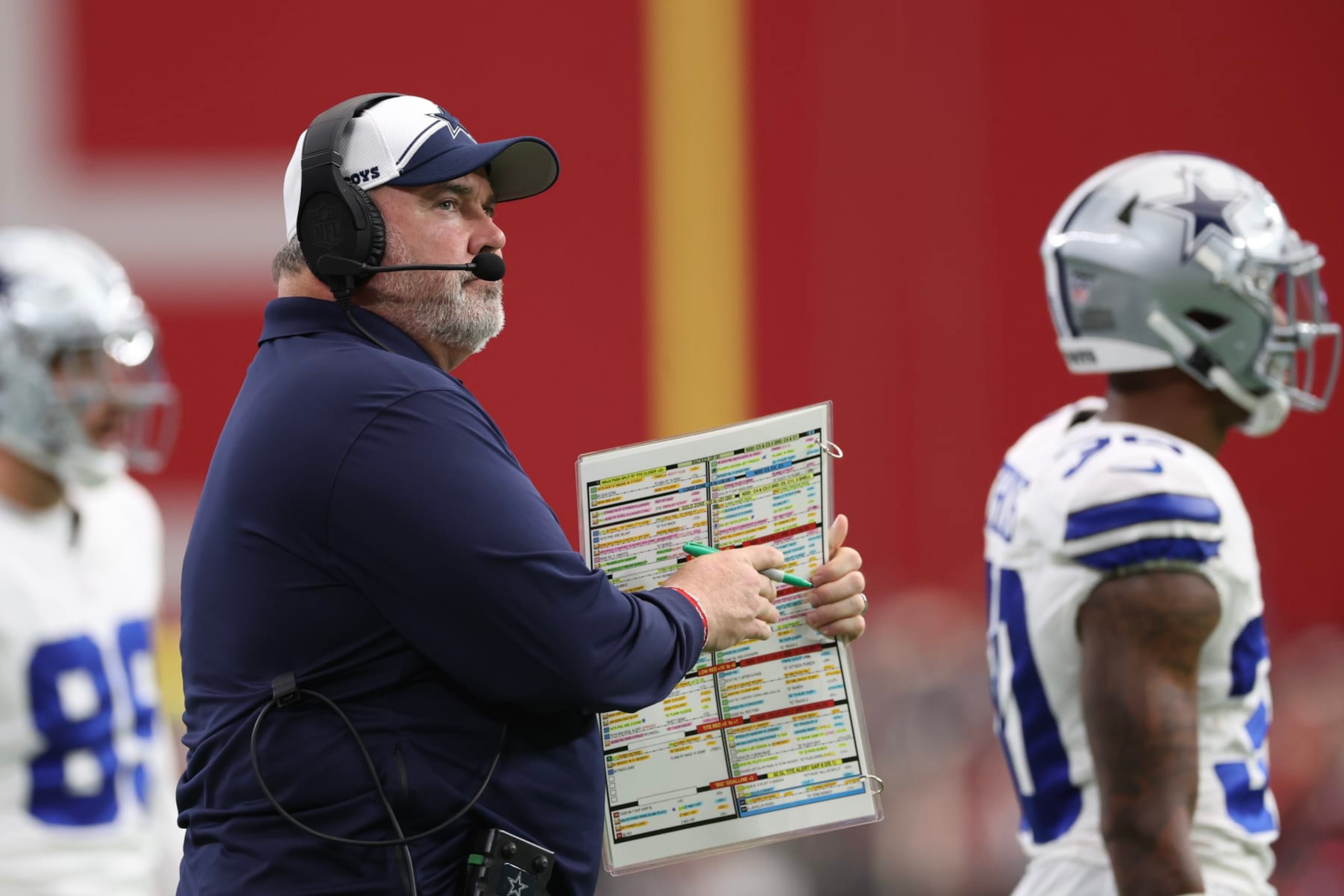GLENDALE, ARIZONA - SEPTEMBER 24: Head coach Mike McCarthy of the Dallas Cowboys looks on during the first quarter of a game against the Arizona Cardinals at State Farm Stadium on September 24, 2023 in Glendale, Arizona. (Photo by Christian Petersen/Getty Images)