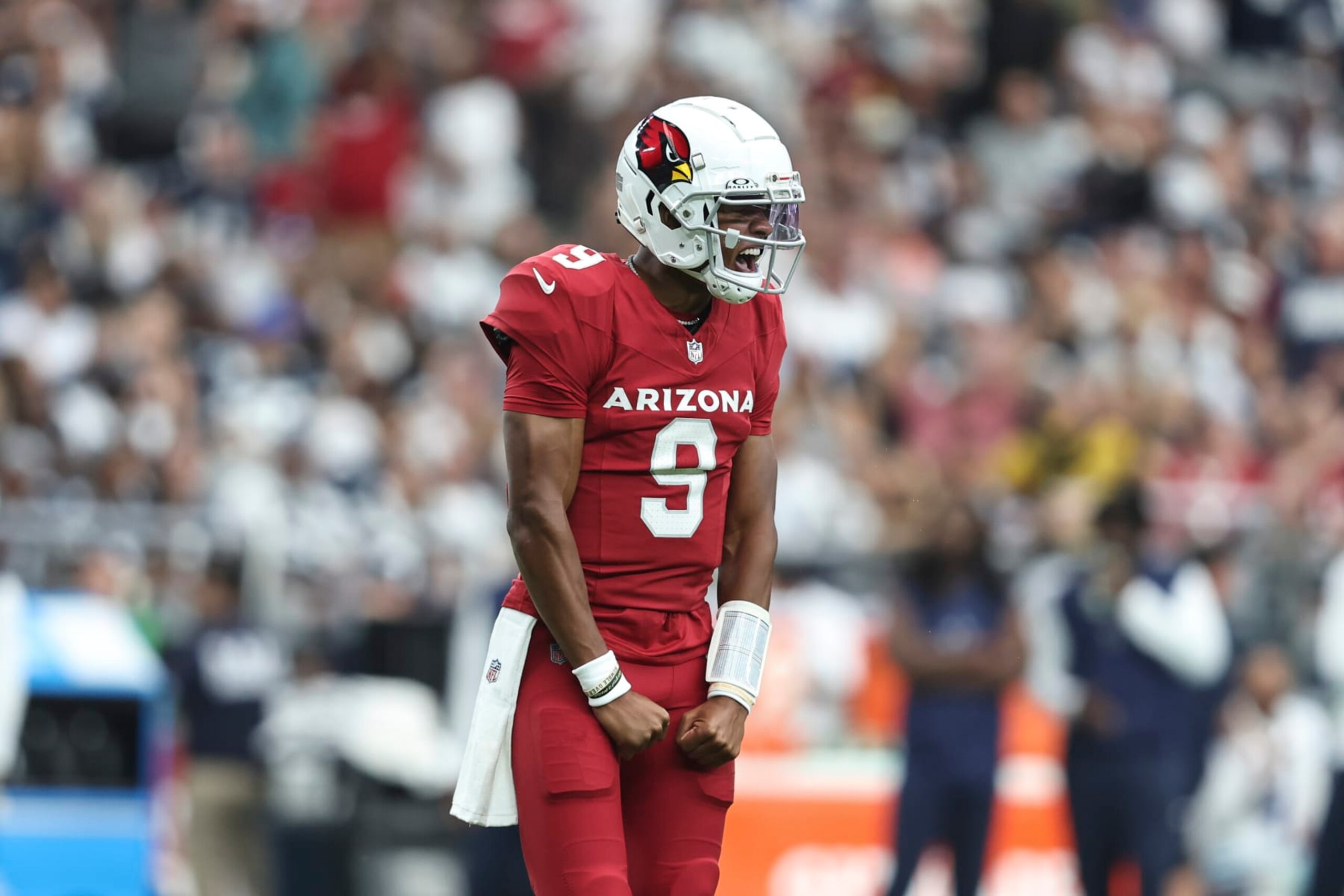 GLENDALE, ARIZONA - SEPTEMBER 24: Joshua Dobbs #9 of the Arizona Cardinals celebrates after a touchdown during an NFL football game between the Arizona Cardinals and the Dallas Cowboys at State Farm Stadium on September 24, 2023 in Glendale, Arizona. (Photo by Michael Owens/Getty Images)