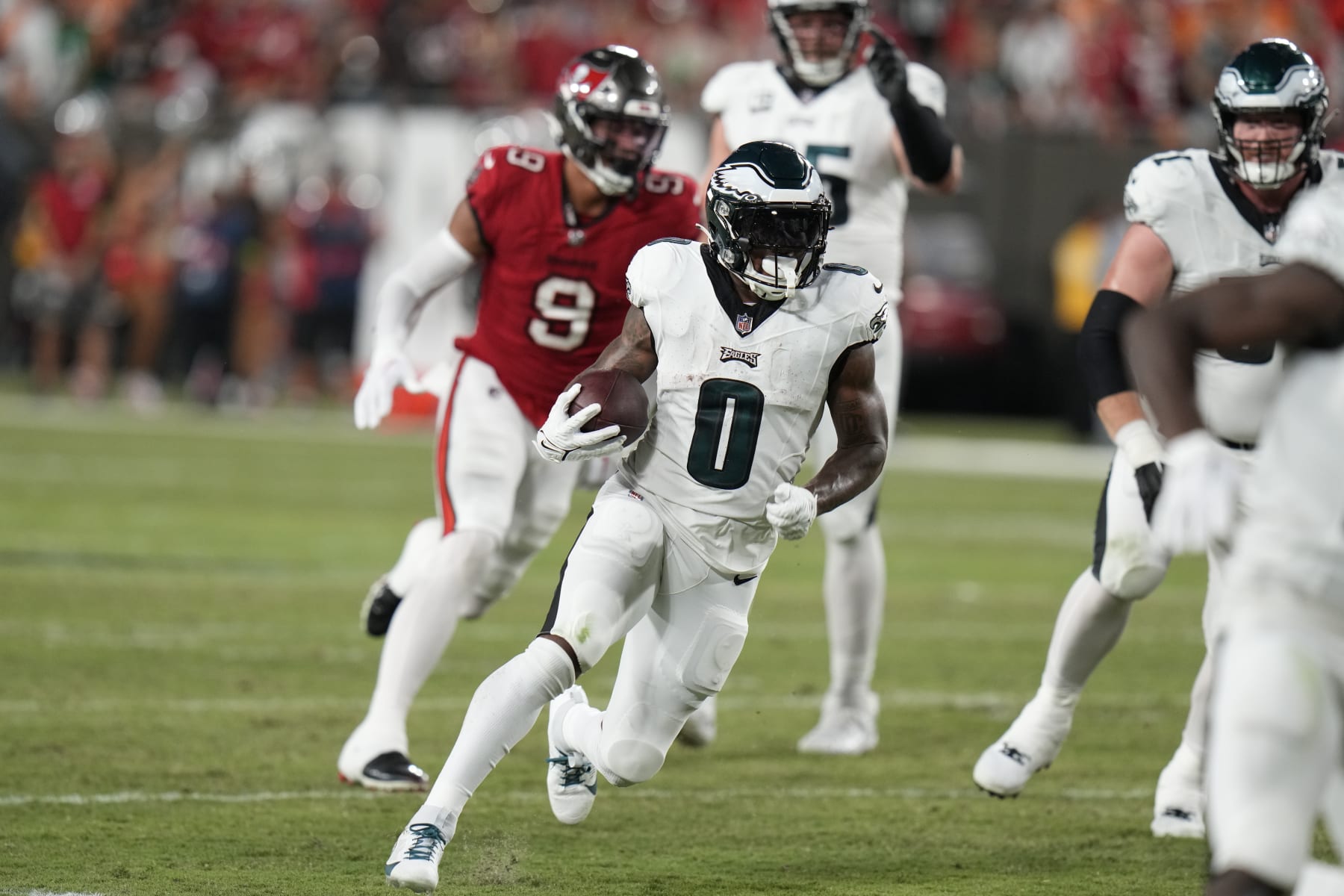 Philadelphia Eagles' D'Andre Swift runs during the first half of an NFL football game against the Tampa Bay Buccaneers, Monday, Sept. 25, 2023, in Tampa, Fla. (AP Photo/Chris O'Meara)