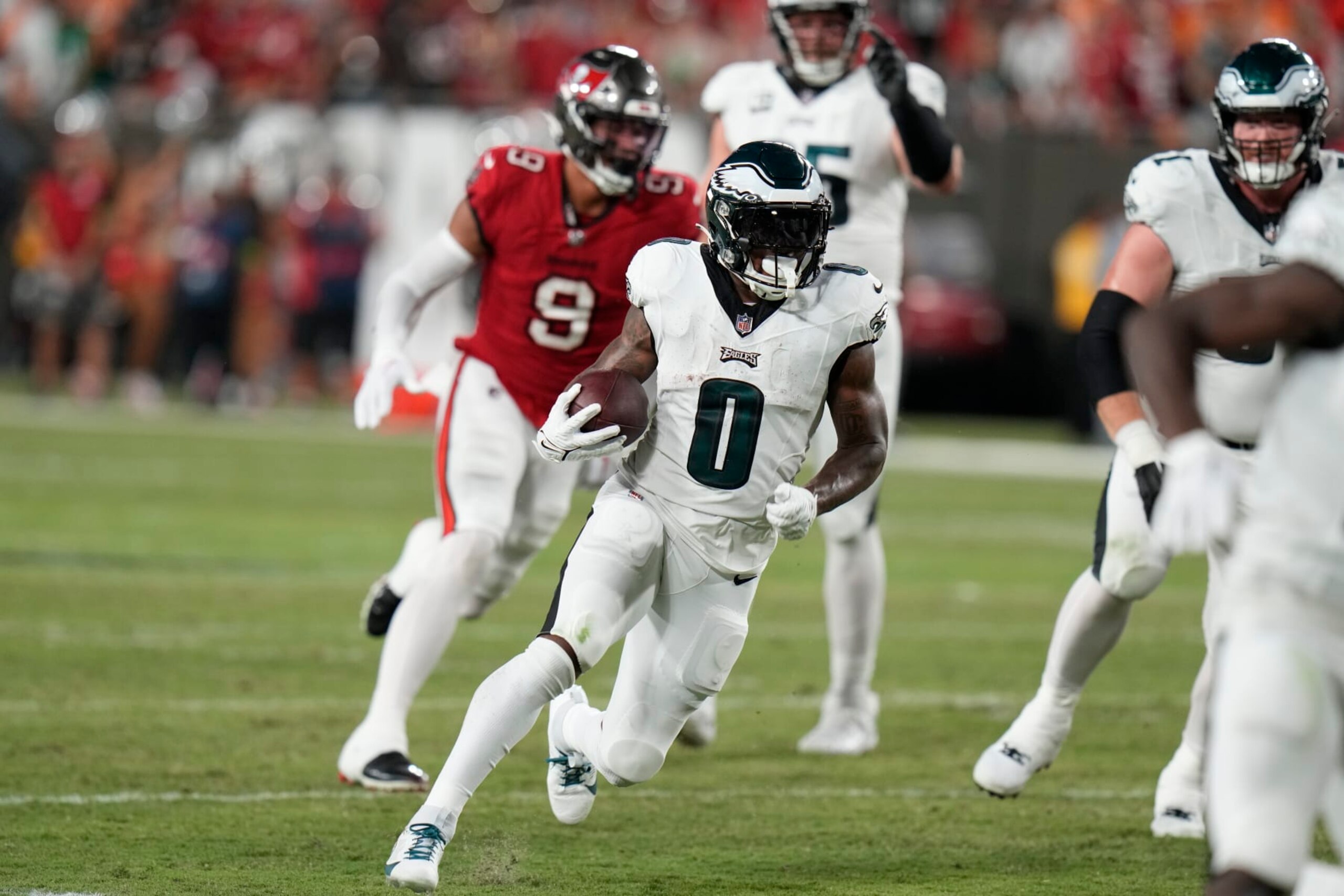 Philadelphia Eagles' D'Andre Swift runs during the first half of an NFL football game against the Tampa Bay Buccaneers, Monday, Sept. 25, 2023, in Tampa, Fla. (AP Photo/Chris O'Meara)