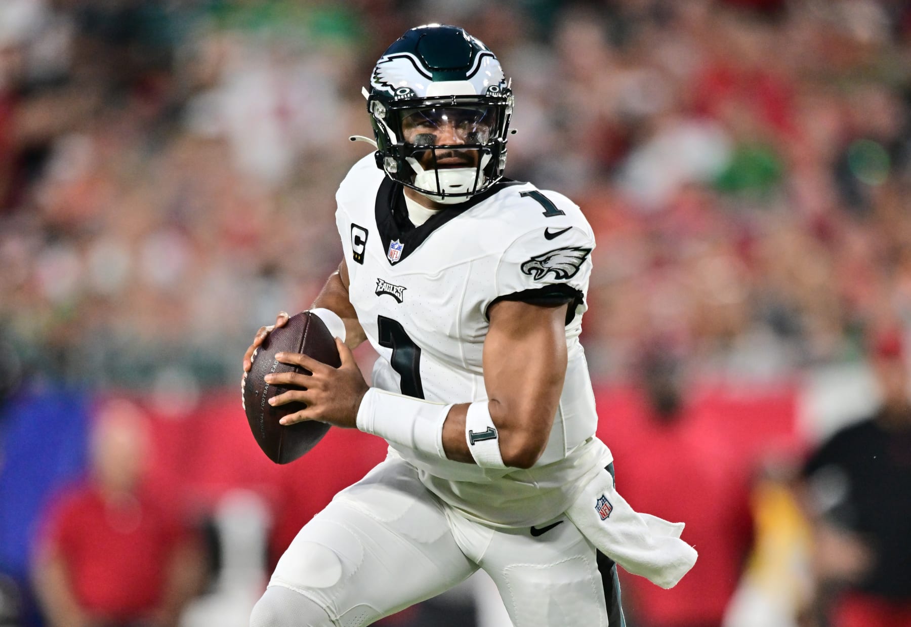TAMPA, FLORIDA - SEPTEMBER 25: Jalen Hurts #1 of the Philadelphia Eagles looks to pass during the second quarter against the Tampa Bay Buccaneers at Raymond James Stadium on September 25, 2023 in Tampa, Florida. (Photo by Julio Aguilar/Getty Images)