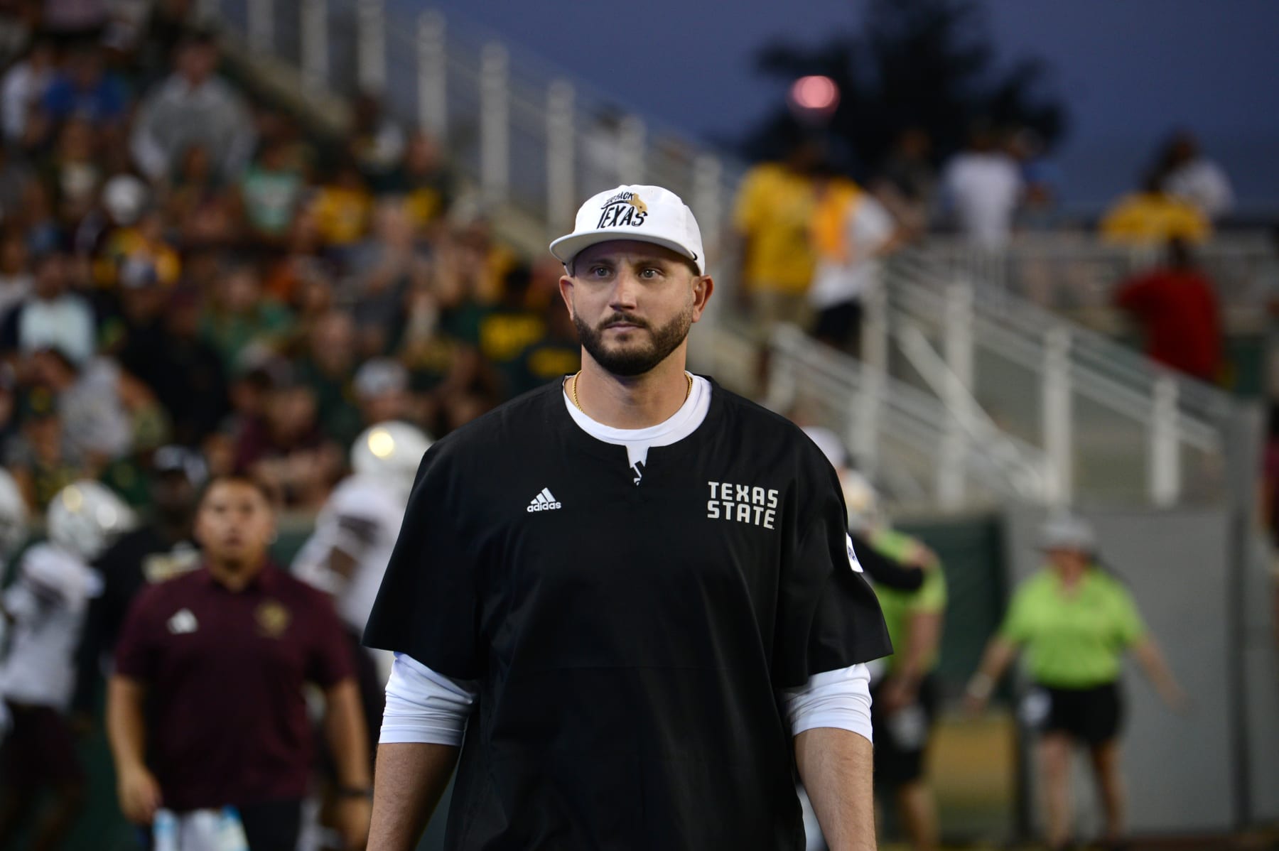 WACO, TX - SEPTEMBER 02: Texas State Bobcats head coach G. J. Kinne heads toward sidelines prior to start of the second half of the game between the Texas State Bobcats and the Baylor Bears on September 2, 2023 at McLane Stadium in Waco, TX. (Photo by John Rivera/Icon Sportswire via Getty Images)