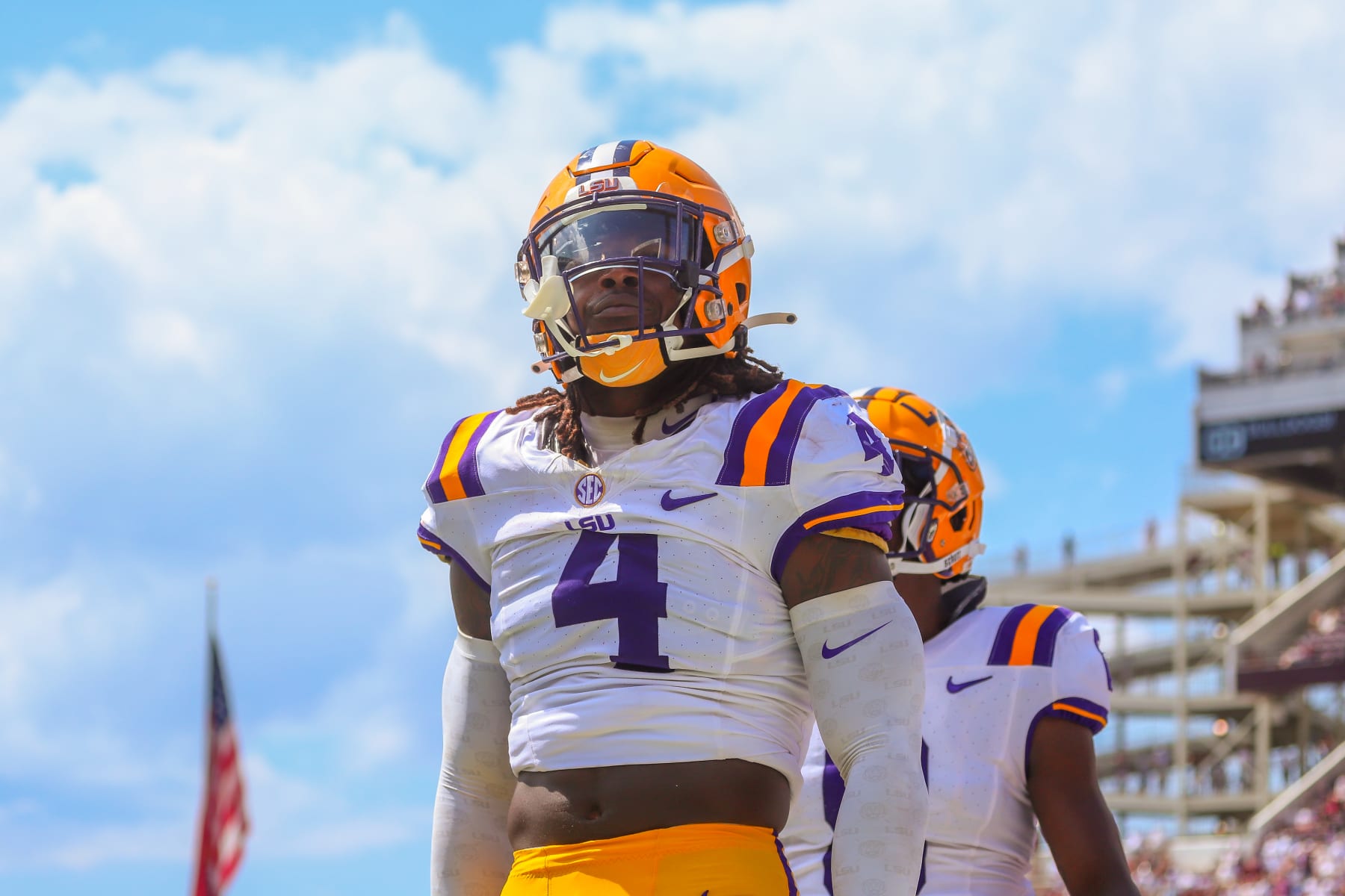 STARKVILLE, MS - SEPTEMBER 16: LSU Tigers linebacker Harold Perkins Jr. (4) celebrates a pass breakup during the game between the Mississippi State Bulldogs and the LSU Tigers on September 16, 2023 at Davis Wade Stadium at Scott Field in Starkville, MS. (Photo by Chris McDill/Icon Sportswire via Getty Images)