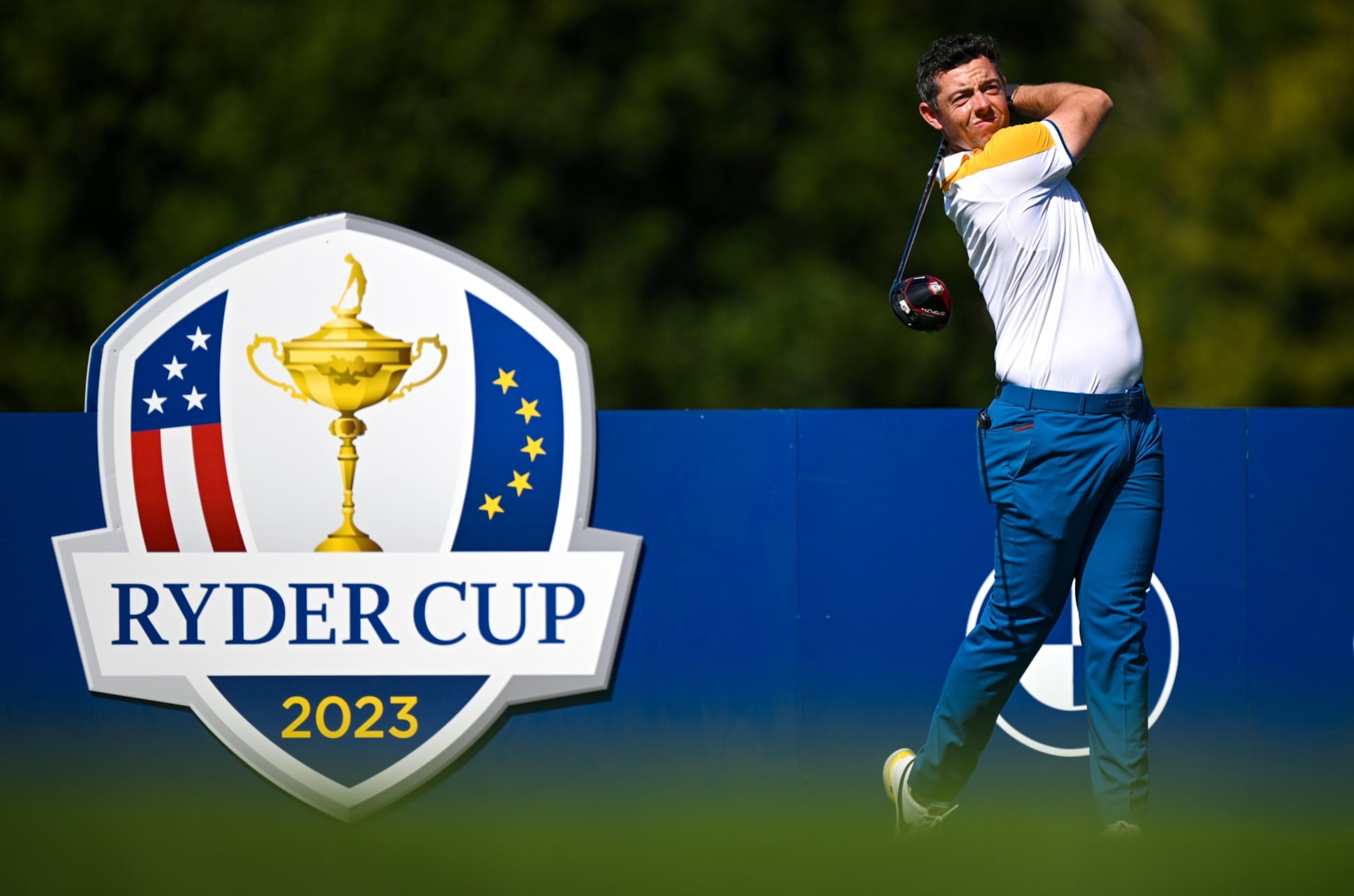 Rome , Italy - 26 September 2023; Rory McIlroy of Europe watches his tee shot on the ninth hole during a practice round before the 2023 Ryder Cup at Marco Simone Golf and Country Club in Rome, Italy. (Photo By Ramsey Cardy/Sportsfile via Getty Images)