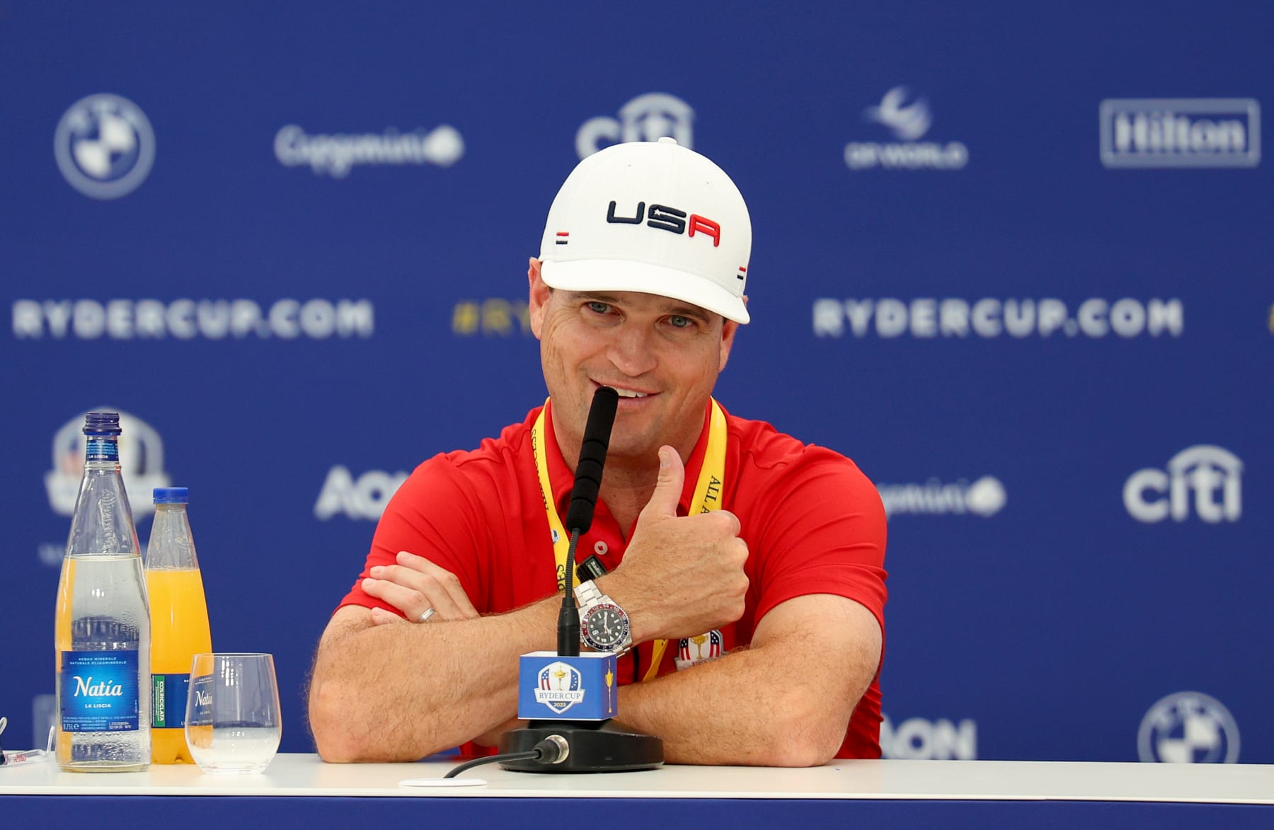ROME, ITALY - SEPTEMBER 26: Zach Johnson, Captain of Team United States talks in a press conference during a practice round prior to the 2023 Ryder Cup at Marco Simone Golf Club on September 26, 2023 in Rome, Italy. (Photo by Andrew Redington/Getty Images)