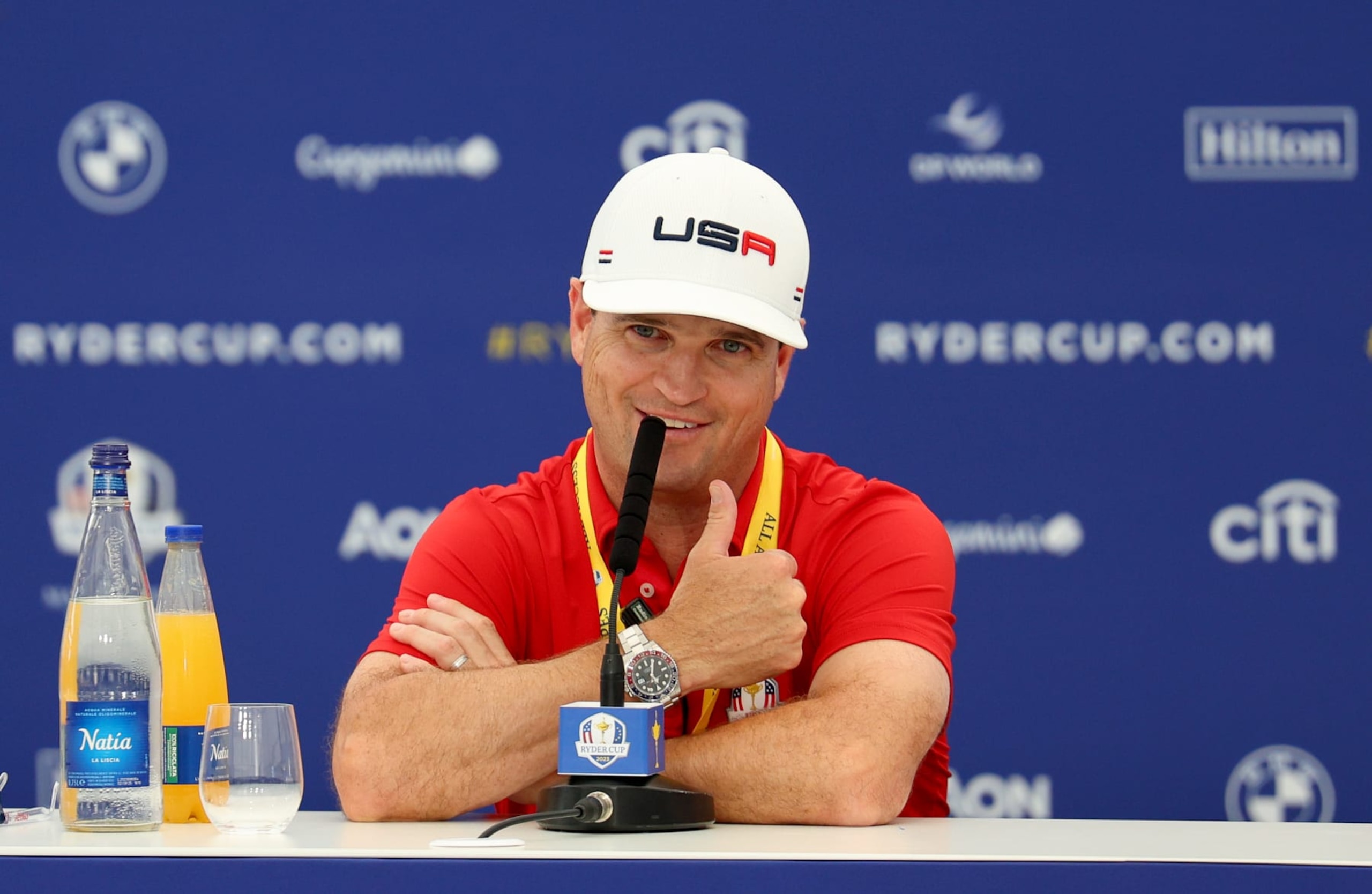 ROME, ITALY - SEPTEMBER 26: Zach Johnson, Captain of Team United States talks in a press conference during a practice round prior to the 2023 Ryder Cup at Marco Simone Golf Club on September 26, 2023 in Rome, Italy. (Photo by Andrew Redington/Getty Images)