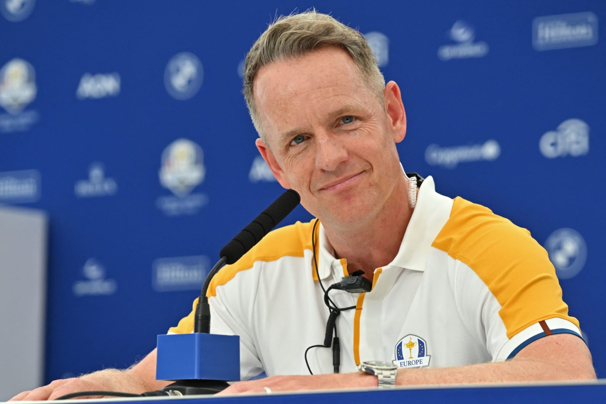 Europe's English captain, Luke Donald smiles during a press conference ahead of the 44th Ryder Cup at the Marco Simone Golf and Country Club in Rome on September 26, 2023. (Photo by Andreas SOLARO / AFP) (Photo by ANDREAS SOLARO/AFP via Getty Images)