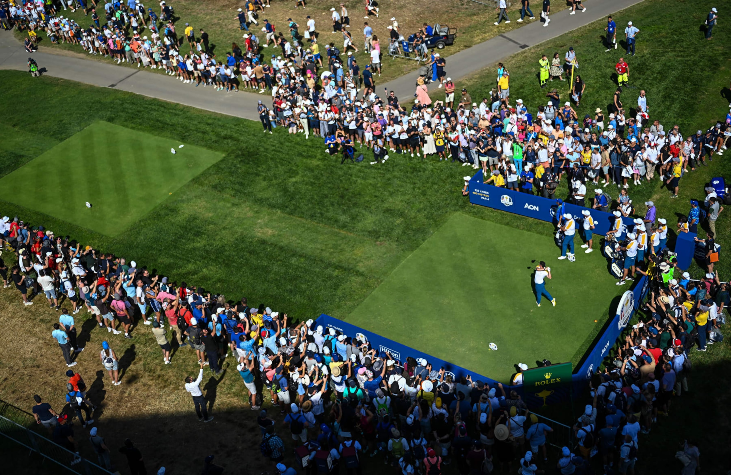 Rome , Italy - 26 September 2023; Rory McIlroy of Europe watches his tee shot on the eighth hole during a practice round before the 2023 Ryder Cup at Marco Simone Golf and Country Club in Rome, Italy. (Photo By Ramsey Cardy/Sportsfile via Getty Images)