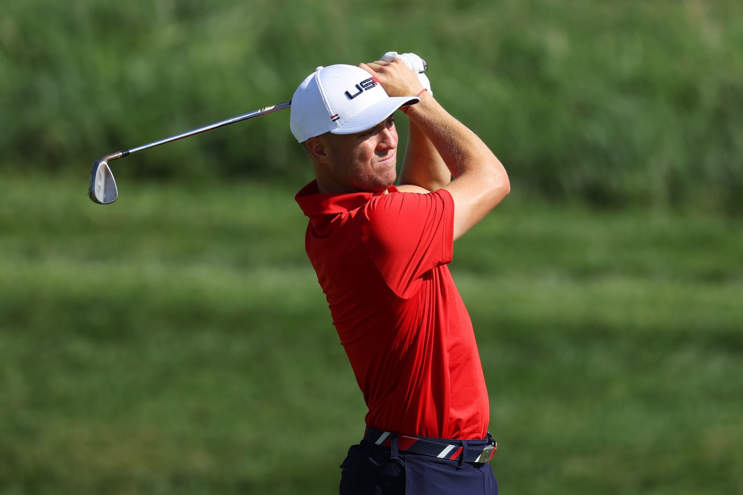 ROME, ITALY - SEPTEMBER 26: Justin Thomas of Team United States plays a shot during a practice round prior to the 2023 Ryder Cup at Marco Simone Golf Club on September 26, 2023 in Rome, Italy. (Photo by Patrick Smith/Getty Images)
