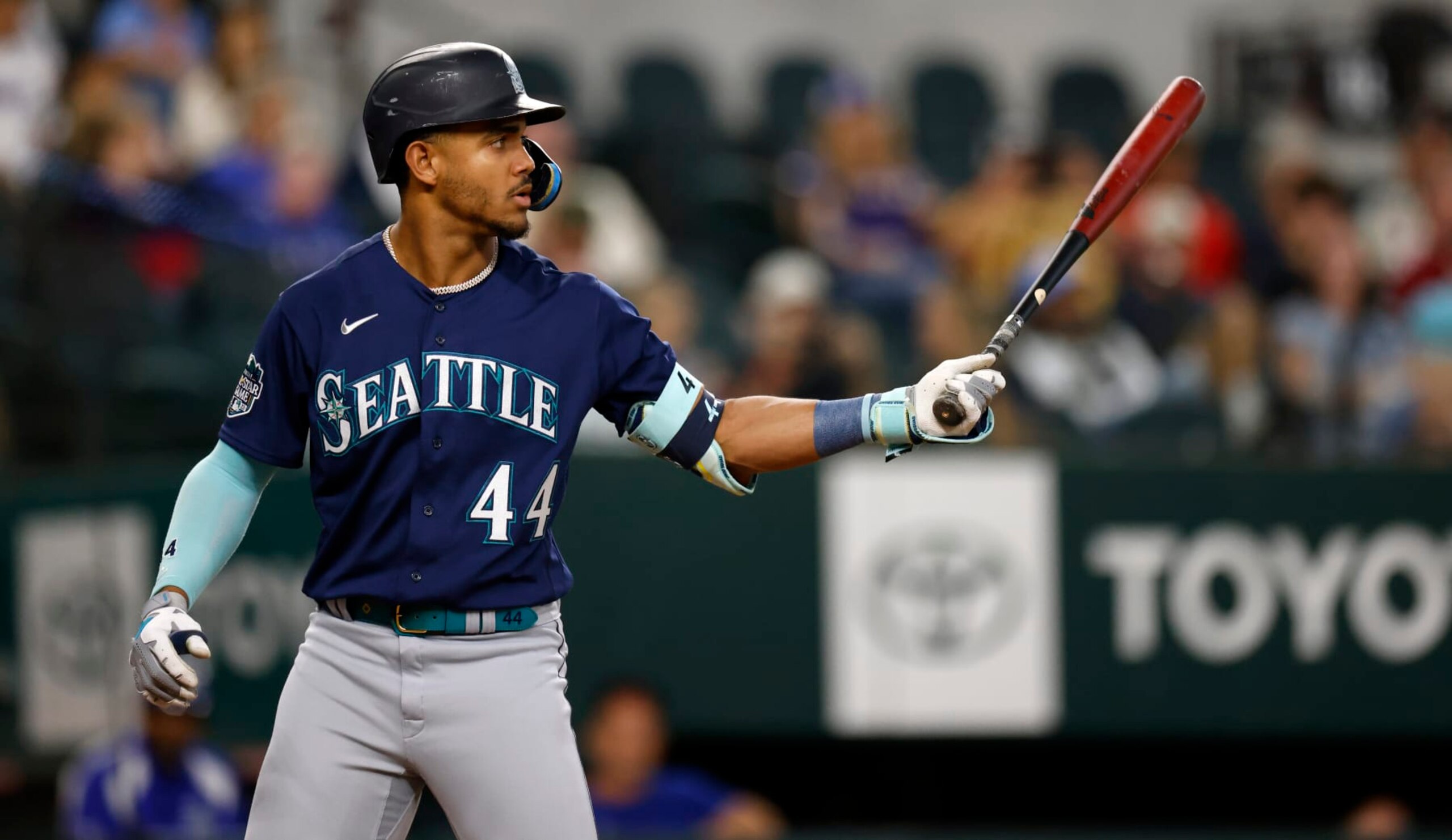ARLINGTON, TX - SEPTEMBER 23: Julio Rodriguez #44 of the Seattle Mariners bats against the Texas Rangers during the first inning at Globe Life Field on September 23, 2023 in Arlington, Texas. (Photo by Ron Jenkins/Getty Images) ARLINGTON, TX - SEPTEMBER 23: Julio Rodriguez #44 of the Seattle Mariners bats against the Texas Rangers during the first inning at Globe Life Field on September 23, 2023 in Arlington, Texas. (Photo by Ron Jenkins/Getty Images)