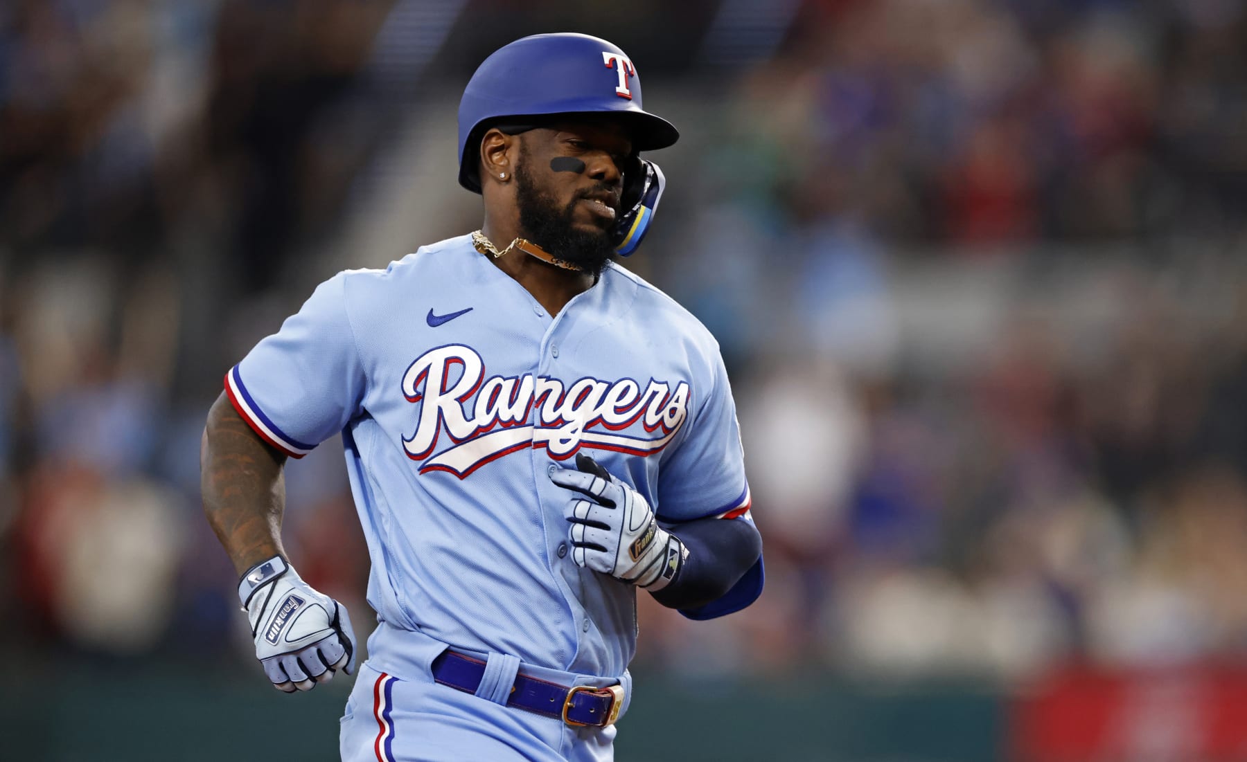 ARLINGTON, TX - SEPTEMBER 24: Adolis Garcia #53 of the Texas Rangers runs the bases after hitting a solo home run against the Seattle Mariners during the third inning at Globe Life Field on September 24, 2023 in Arlington, Texas. (Photo by Ron Jenkins/Getty Images)