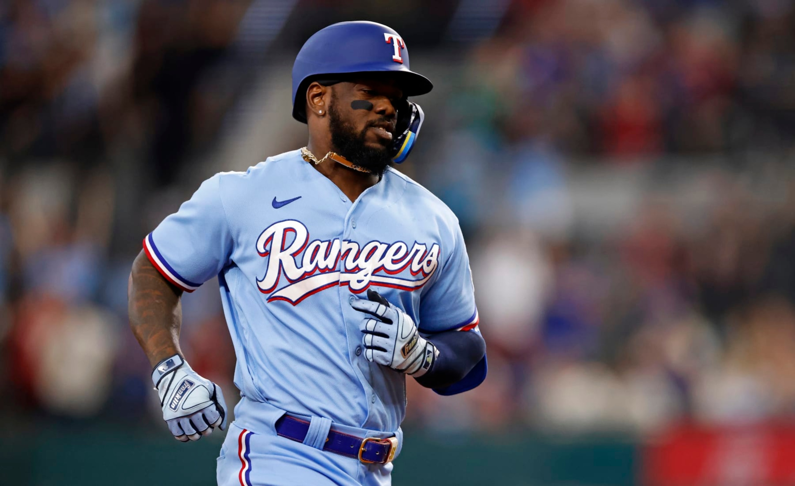 ARLINGTON, TX - SEPTEMBER 24: Adolis Garcia #53 of the Texas Rangers runs the bases after hitting a solo home run against the Seattle Mariners during the third inning at Globe Life Field on September 24, 2023 in Arlington, Texas. (Photo by Ron Jenkins/Getty Images) ARLINGTON, TX - SEPTEMBER 24: Adolis Garcia #53 of the Texas Rangers runs the bases after hitting a solo home run against the Seattle Mariners during the third inning at Globe Life Field on September 24, 2023 in Arlington, Texas. (Photo by Ron Jenkins/Getty Images)