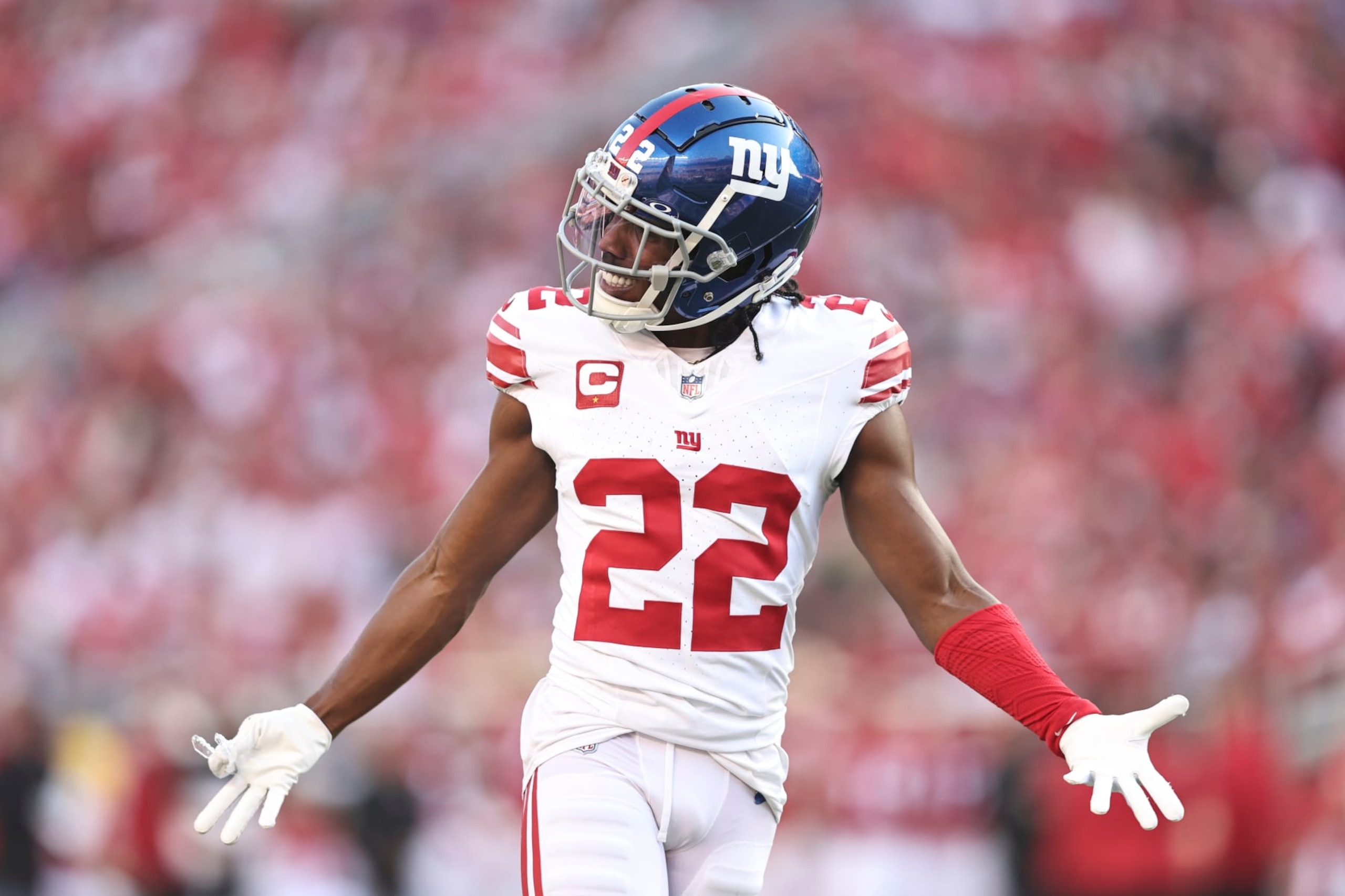 SANTA CLARA, CALIFORNIA - SEPTEMBER 21: Adoree' Jackson #22 of the New York Giants reacts during an NFL football game between the San Francisco 49ers and the New York Giants at Levi's Stadium on September 21, 2023 in Santa Clara, California. (Photo by Michael Owens/Getty Images)