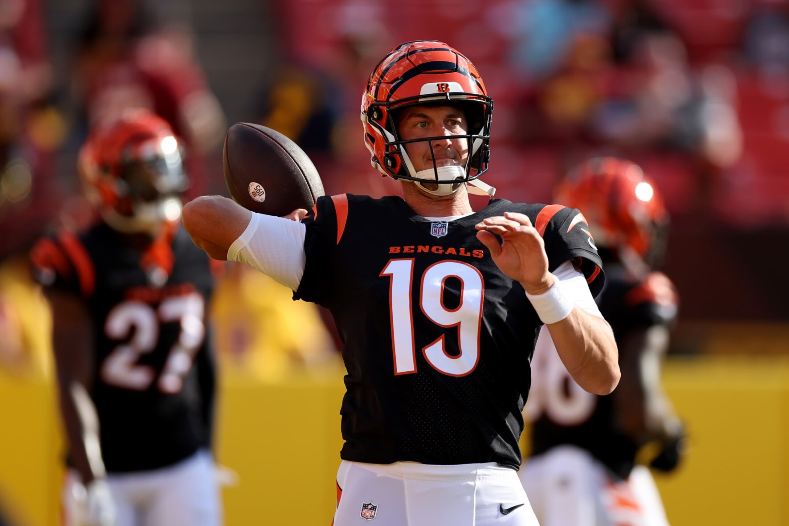 LANDOVER, MARYLAND - AUGUST 26: Quarterback Trevor Siemian #19 of the Cincinnati Bengals warms up before the start of a preseason game against the Washington Commanders at FedExField on August 26, 2023 in Landover, Maryland. (Photo by Rob Carr/Getty Images)
