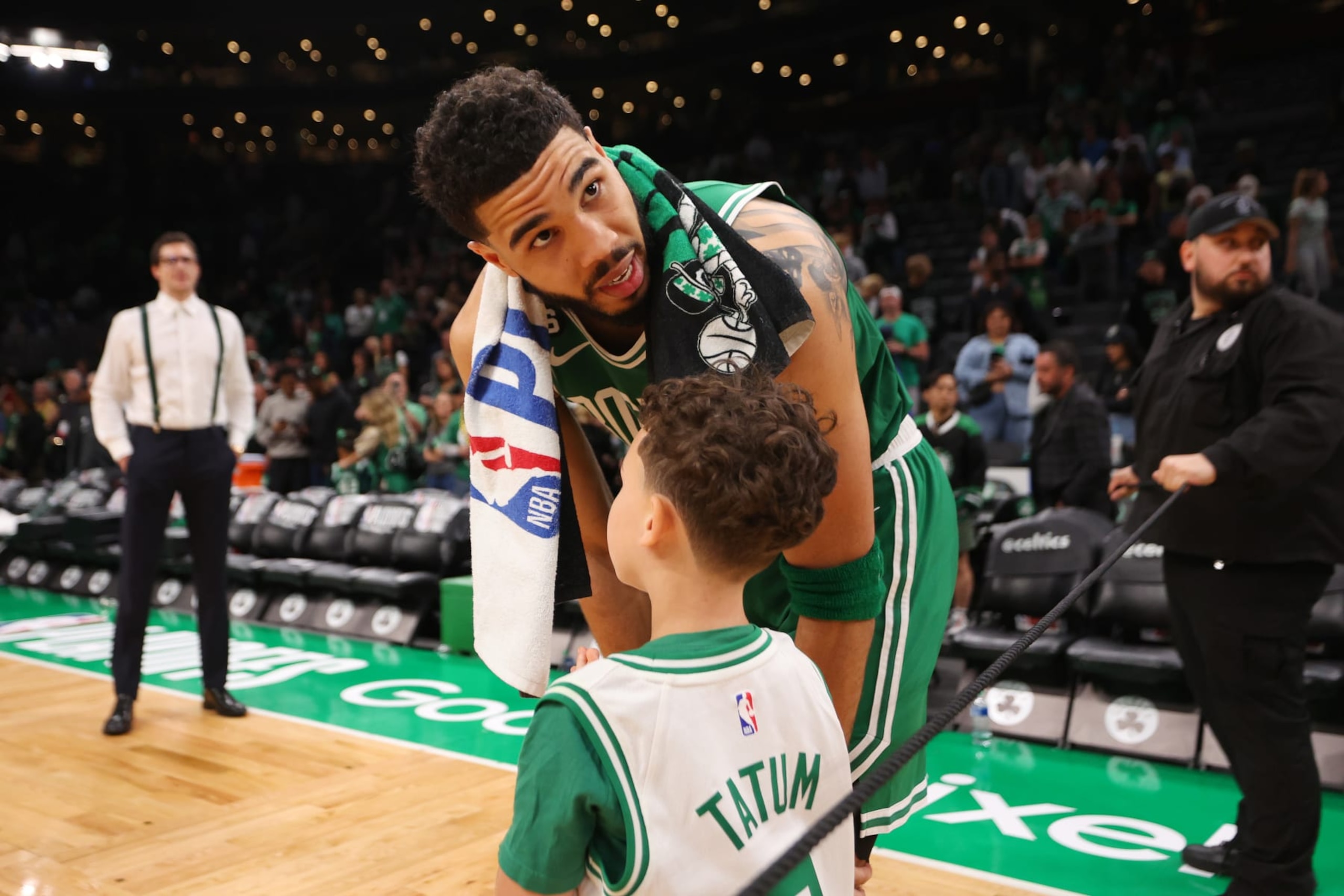 BOSTON, MASSACHUSETTS - MAY 29: Jayson Tatum #0 of the Boston Celtics stands with his son Deuce Tatum after the Heat defeated the Celtics 103-84 in game seven of the Eastern Conference Finals at TD Garden on May 29, 2023 in Boston, Massachusetts. NOTE TO USER: User expressly acknowledges and agrees that, by downloading and or using this photograph, User is consenting to the terms and conditions of the Getty Images License Agreement. (Photo by Maddie Meyer/Getty Images)