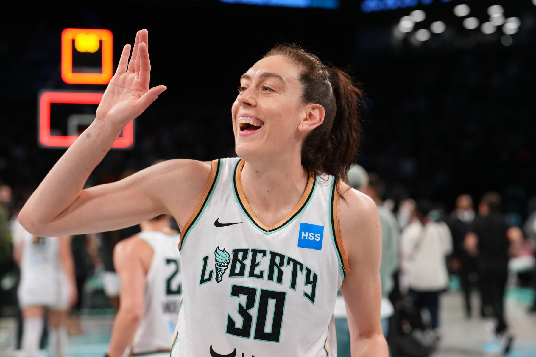BROOKLYN, NY - SEPTEMBER 15: Breanna Stewart #30 of the New York Liberty smiles after the game against the Washington Mystics during the 2023 WNBA Playoffs on September 15, 2023 in Brooklyn, New York. NOTE TO USER: User expressly acknowledges and agrees that, by downloading and or using this photograph, user is consenting to the terms and conditions of the Getty Images License Agreement. Mandatory Copyright Notice: Copyright 2023 NBAE (Photo by Evan Yu/NBAE via Getty Images)