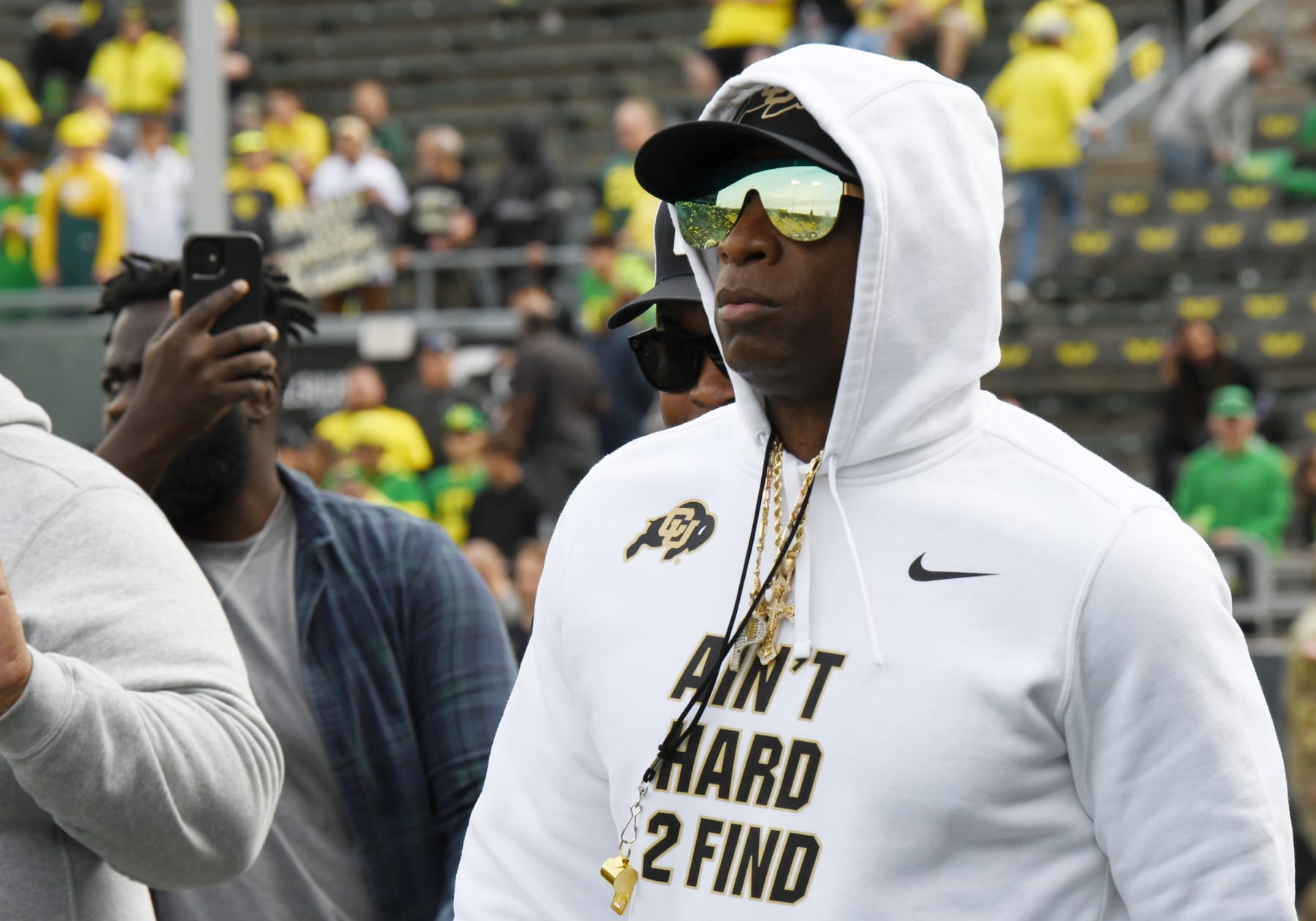 EUGENE, OR - SEPTEMBER 23: Colorado Buffaloes head coach Deion Sanders walks on the field for pre-game during a PAC-12 conference football game between the Colorado Buffaloes and Oregon Ducks on September 23, 2023 at Autzen Stadium in Eugene, Oregon. (Photo by Brian Murphy/Icon Sportswire via Getty Images)