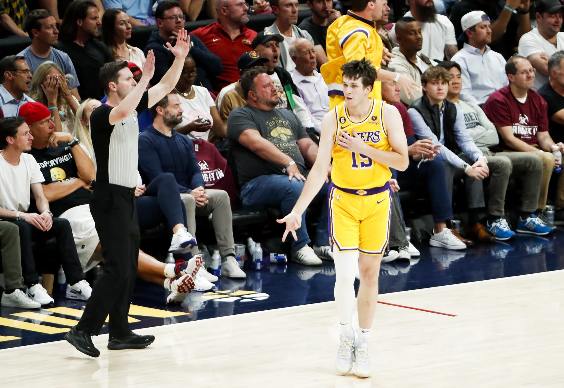 DENVER, CO - MAY 16: Los Angeles Lakers guard Austin Reaves reacts after making a three-point basket during the second half of game one in the NBA Playoffs Western Conference Finals against the Denver Nuggets at Ball Arena on Tuesday, May 16, 2023 in Denver, CO. (Robert Gauthier / Los Angeles Times via Getty Images)
