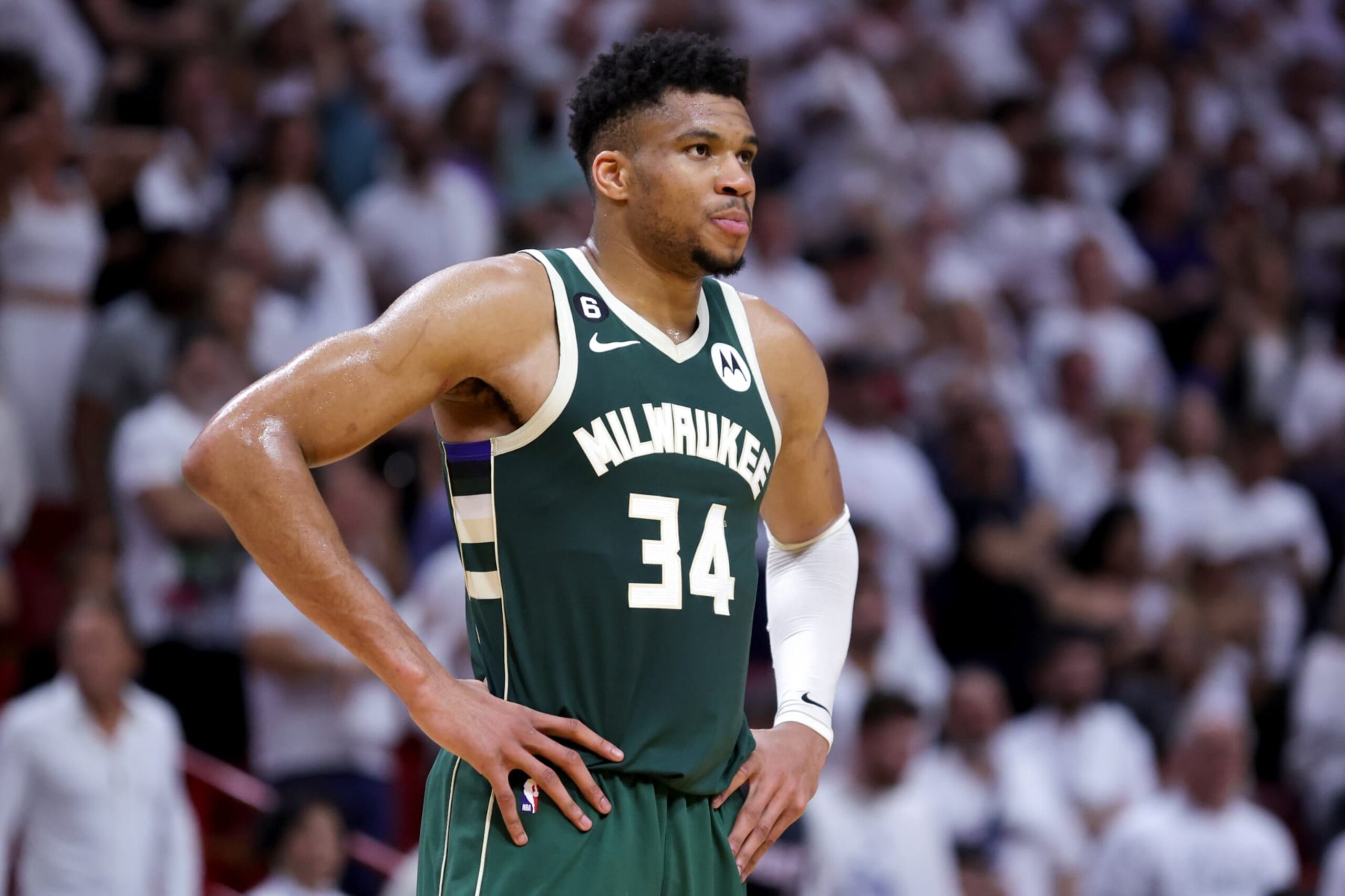 MIAMI, FLORIDA - APRIL 24: Giannis Antetokounmpo #34 of the Milwaukee Bucks looks on against the Miami Heat during the fourth quarter in Game Four of the Eastern Conference First Round Playoffs at Kaseya Center on April 24, 2023 in Miami, Florida. NOTE TO USER: User expressly acknowledges and agrees that, by downloading and or using this photograph, User is consenting to the terms and conditions of the Getty Images License Agreement. (Photo by Megan Briggs/Getty Images)