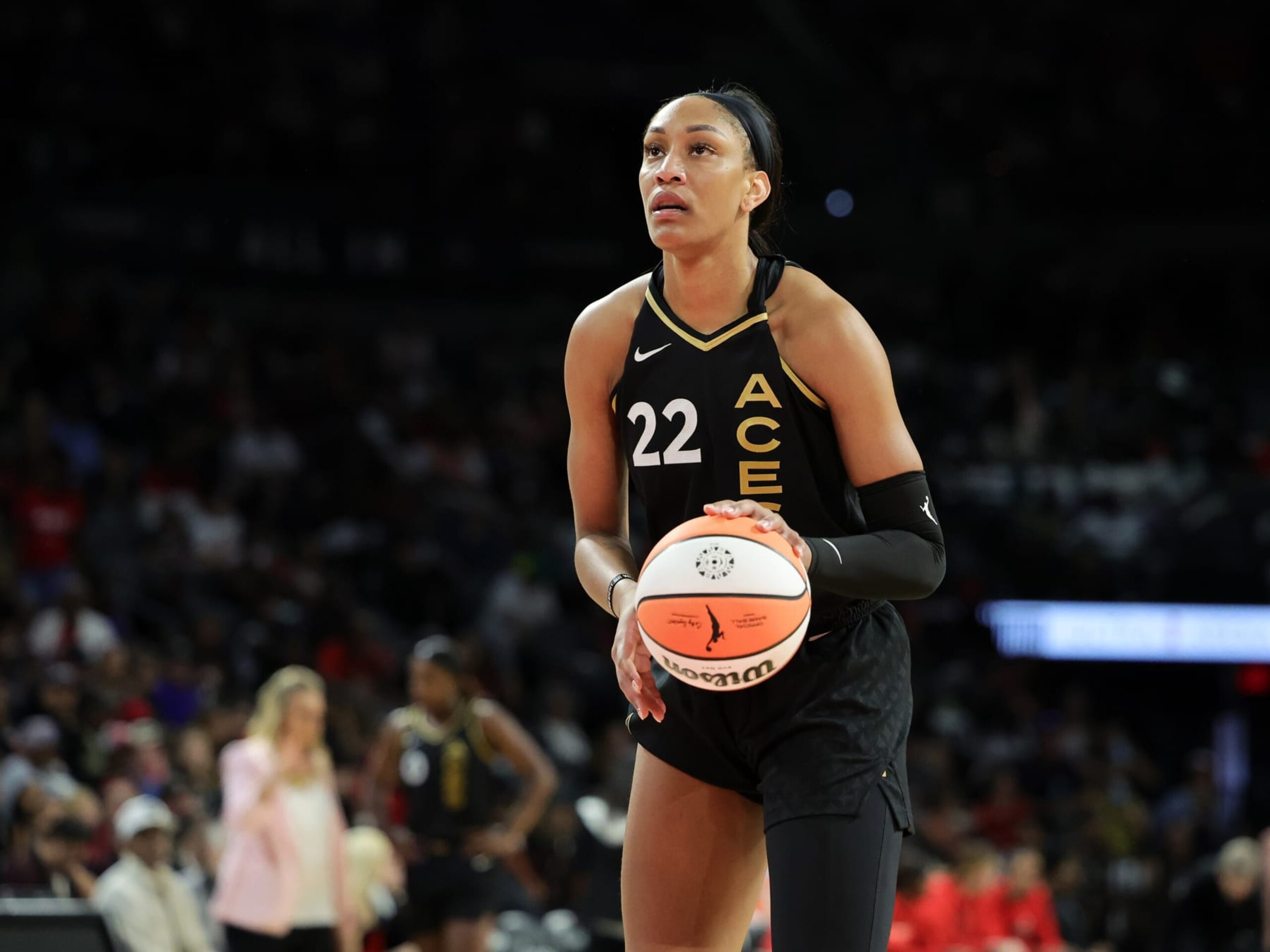 LAS VEGAS, NEVADA - SEPTEMBER 17: A'ja Wilson #22 of the Las Vegas Aces shoots a free throw against the Chicago Sky in the third quarter of Game Two of the 2023 WNBA Playoffs first round at Michelob ULTRA Arena on September 17, 2023 in Las Vegas, Nevada. The Aces defeated the Sky 92-70 to win the series two games to none. NOTE TO USER: User expressly acknowledges and agrees that, by downloading and or using this photograph, User is consenting to the terms and conditions of the Getty Images License Agreement. (Photo by Ethan Miller/Getty Images) LAS VEGAS, NEVADA - SEPTEMBER 17: A'ja Wilson #22 of the Las Vegas Aces shoots a free throw against the Chicago Sky in the third quarter of Game Two of the 2023 WNBA Playoffs first round at Michelob ULTRA Arena on September 17, 2023 in Las Vegas, Nevada. The Aces defeated the Sky 92-70 to win the series two games to none. NOTE TO USER: User expressly acknowledges and agrees that, by downloading and or using this photograph, User is consenting to the terms and conditions of the Getty Images License Agreement. (Photo by Ethan Miller/Getty Images)