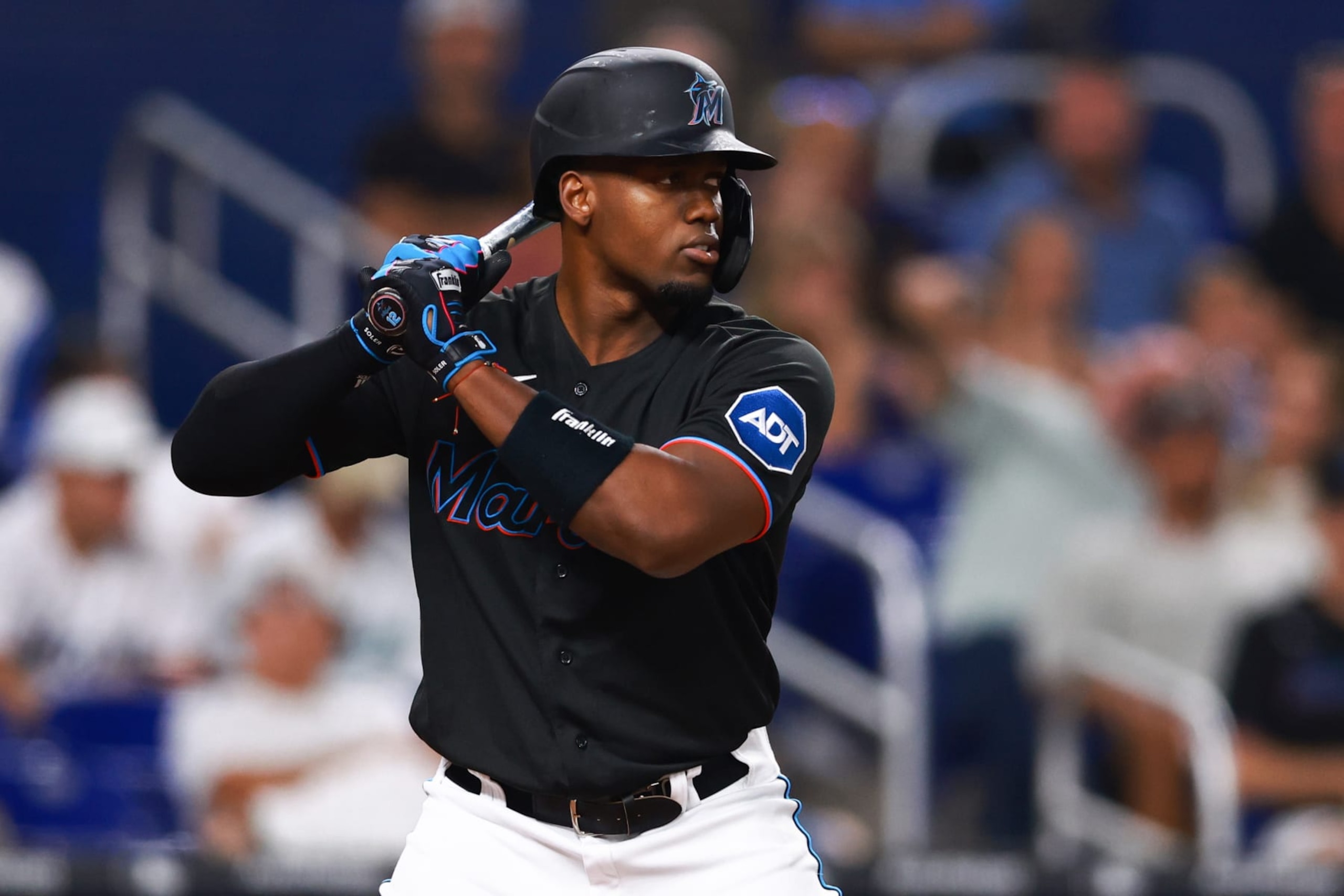 MIAMI, FLORIDA - AUGUST 16: Jorge Soler #12 of the Miami Marlins at bat against the Houston Astros during the third inning at loanDepot park on August 16, 2023 in Miami, Florida. (Photo by Megan Briggs/Getty Images)
