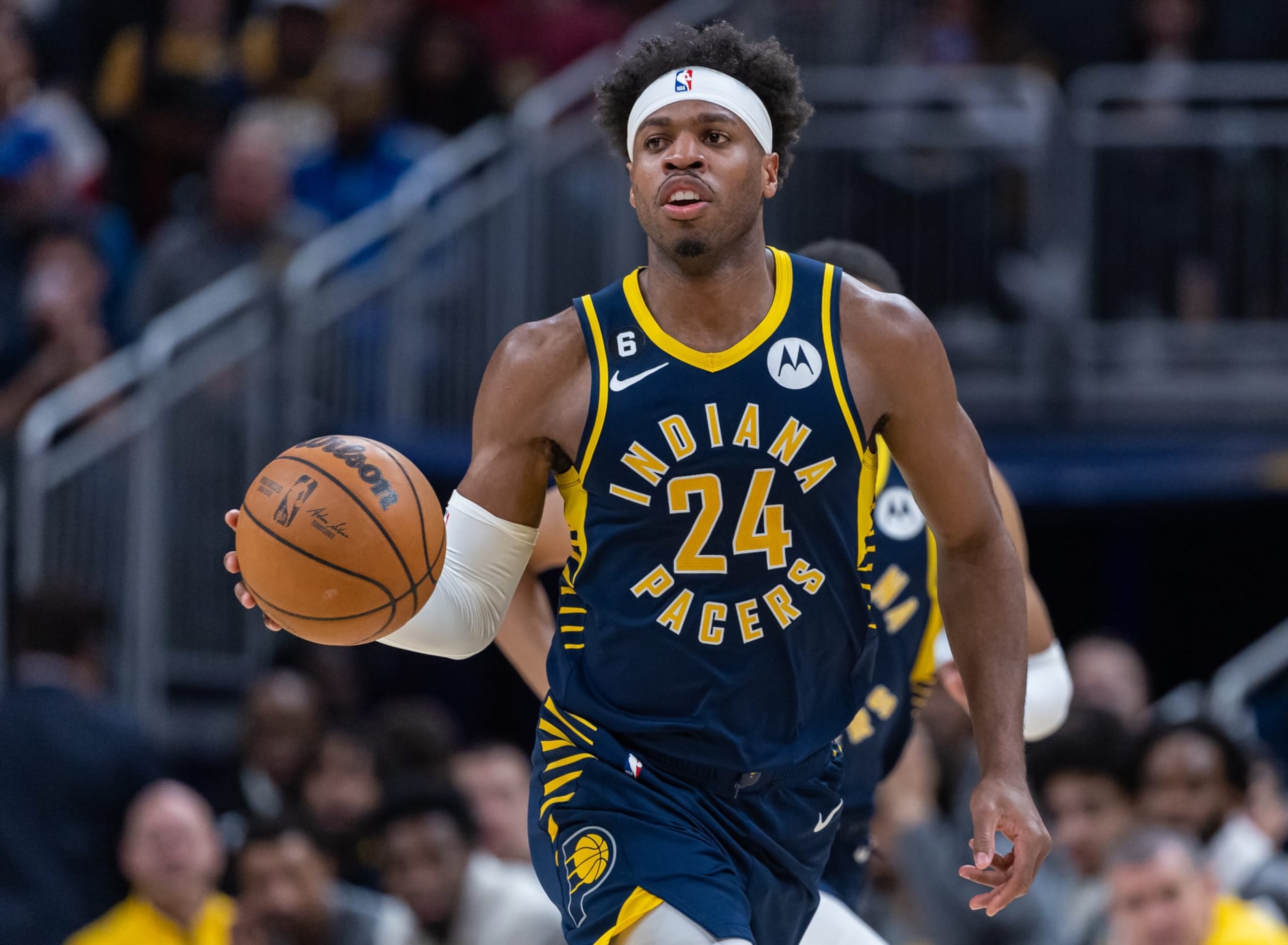INDIANAPOLIS, IN - MARCH 06: Buddy Hield #24 of the Indiana Pacers brings the ball up court during the game against the Philadelphia 76ers at Gainbridge Fieldhouse on March 6, 2023 in Indianapolis, Indiana. NOTE TO USER: User expressly acknowledges and agrees that, by downloading and or using this photograph, User is consenting to the terms and conditions of the Getty Images License Agreement.  (Photo by Michael Hickey/Getty Images)