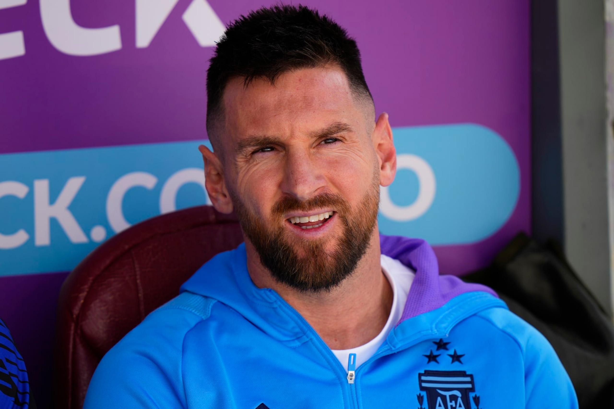 Argentina's Lionel Messi sits on the bench during a qualifying soccer match for the FIFA World Cup 2026 against Bolivia at the Hernando Siles stadium in La Paz, Bolivia, Tuesday, Sept. 12, 2023. (AP Photo/Juan Karita)