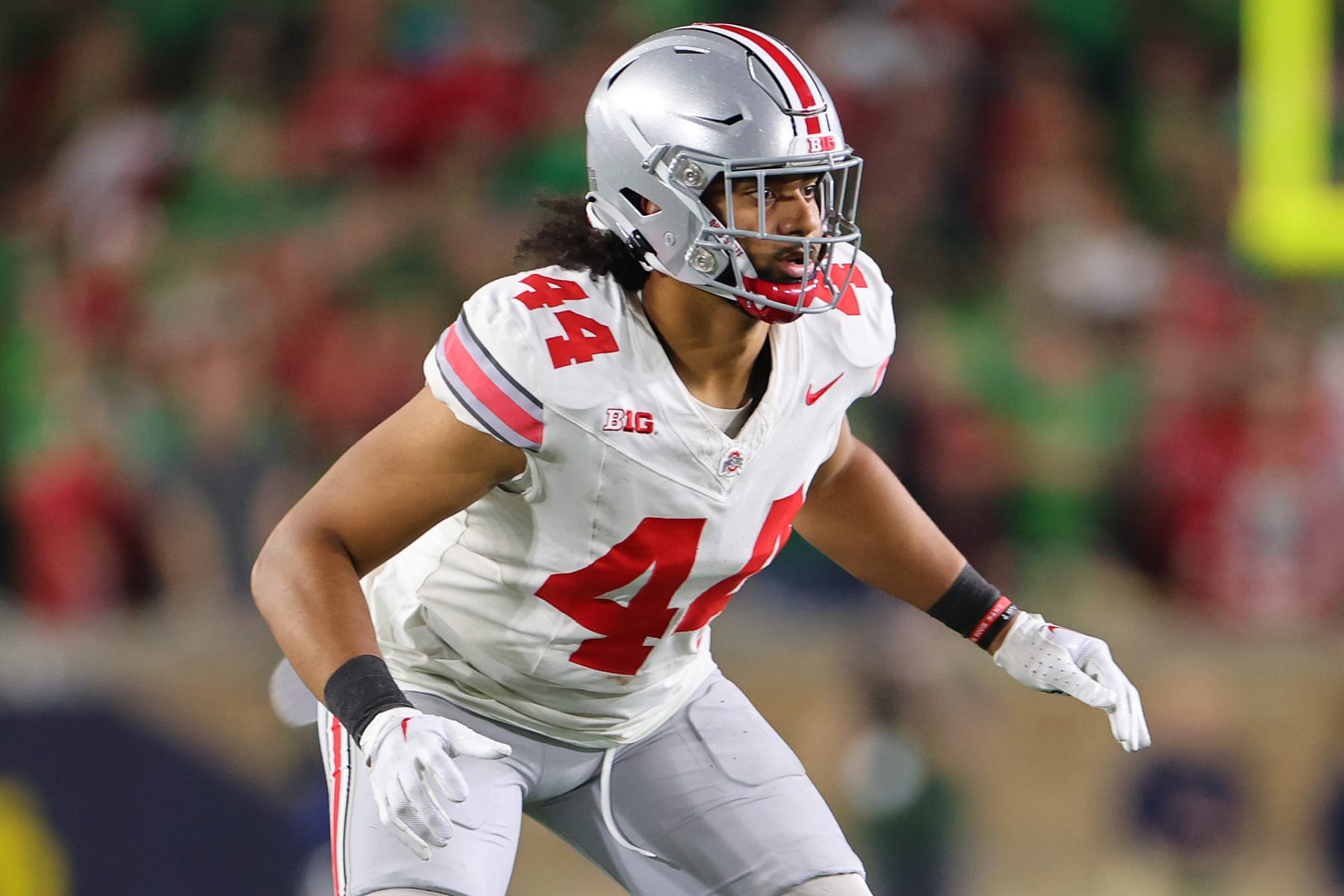 SOUTH BEND, INDIANA - SEPTEMBER 23: JT Tuimoloau #44 of the Ohio State Buckeyes in action against the Notre Dame Fighting Irish during the second half at Notre Dame Stadium on September 23, 2023 in South Bend, Indiana. (Photo by Michael Reaves/Getty Images)