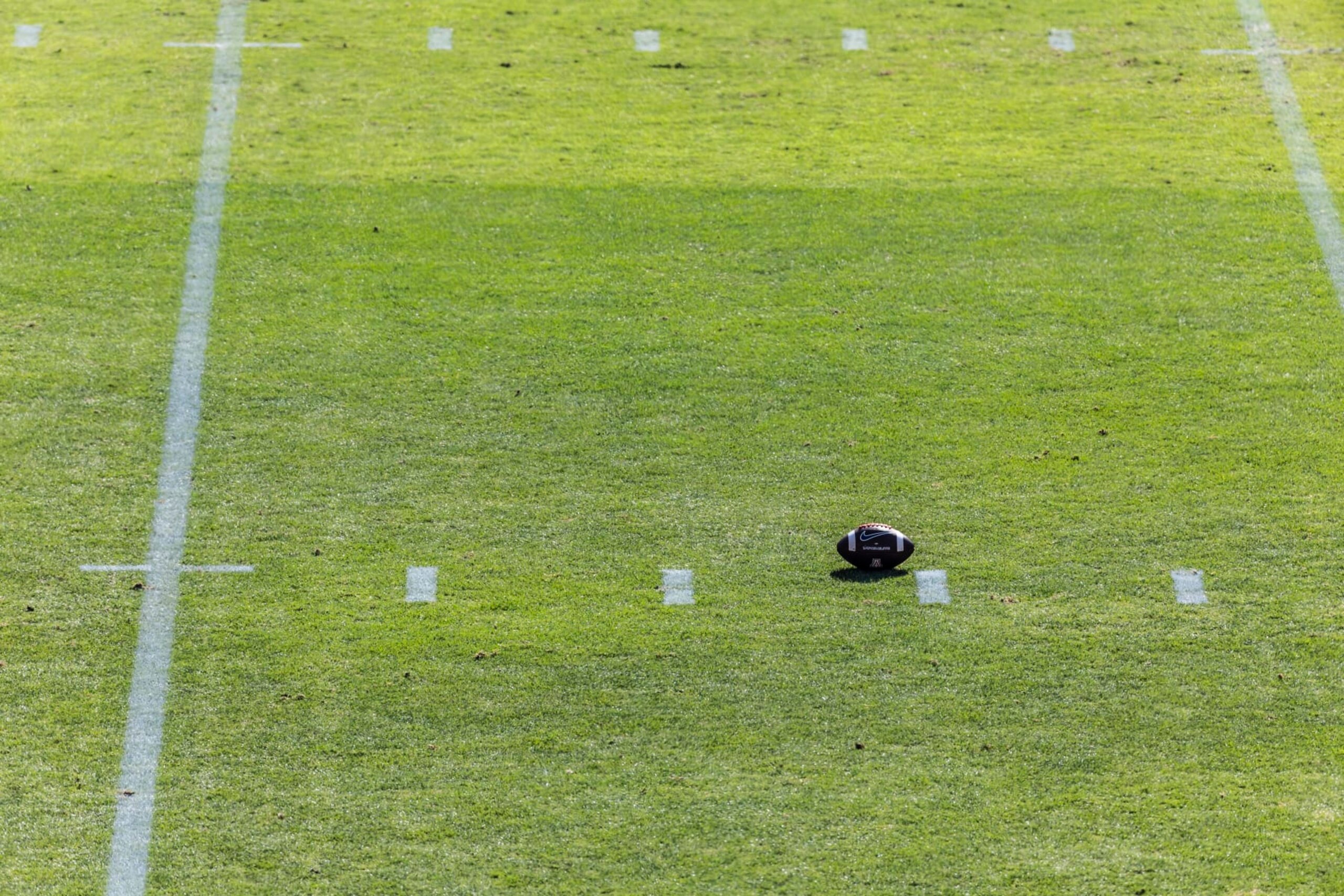 PALO ALTO, CA - SEPTEMBER 23:  A high angle view of a football on the field at Stanford Stadium during a Pac-12 NCAA college football game between the Stanford Cardinal and the Arizona Wildcats on September 23, 2023 at Stanford Stadium in Palo Alto, California.  (Photo by David Madison/Getty Images)
