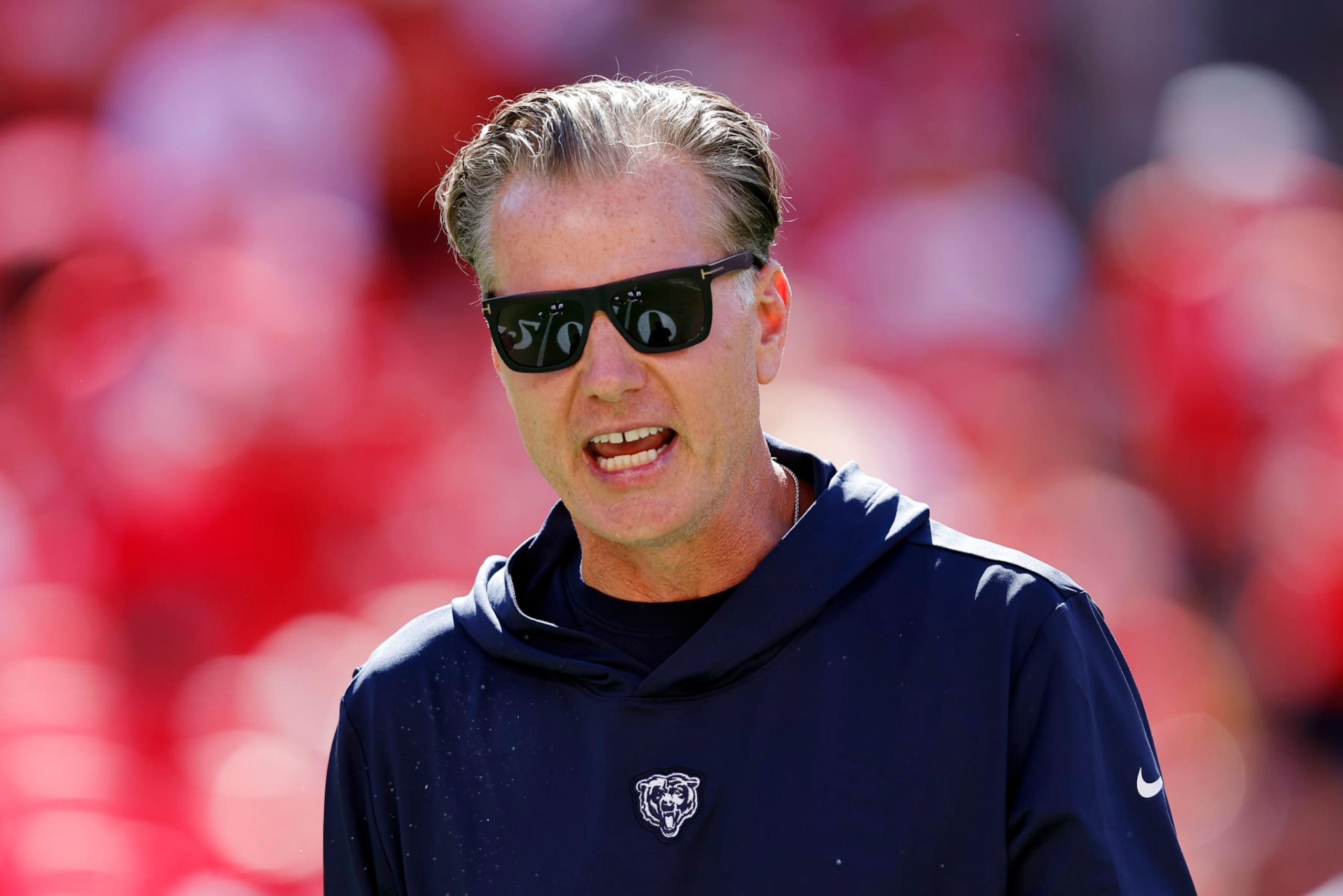KANSAS CITY, MISSOURI - SEPTEMBER 24: Head coach Matt Eberflus of the Chicago Bears is seen prior to a game against the Kansas City Chiefs at GEHA Field at Arrowhead Stadium on September 24, 2023 in Kansas City, Missouri. (Photo by Jason Hanna/Getty Images)